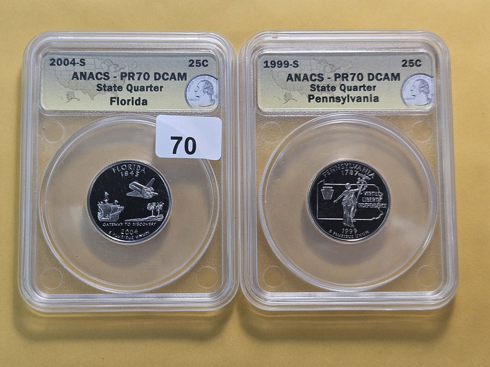 PERFECT! Two ANACS Washington Quarters in Proof 70 Deep Cameo: Perfect Grades! 1999-S and 2004-S