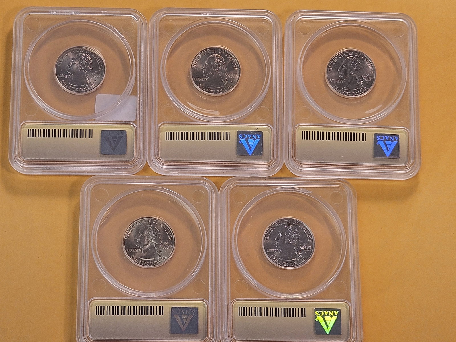 SUPERB GEM! Five ANACS Graded Washington Quarters in Mint State 67 - 7