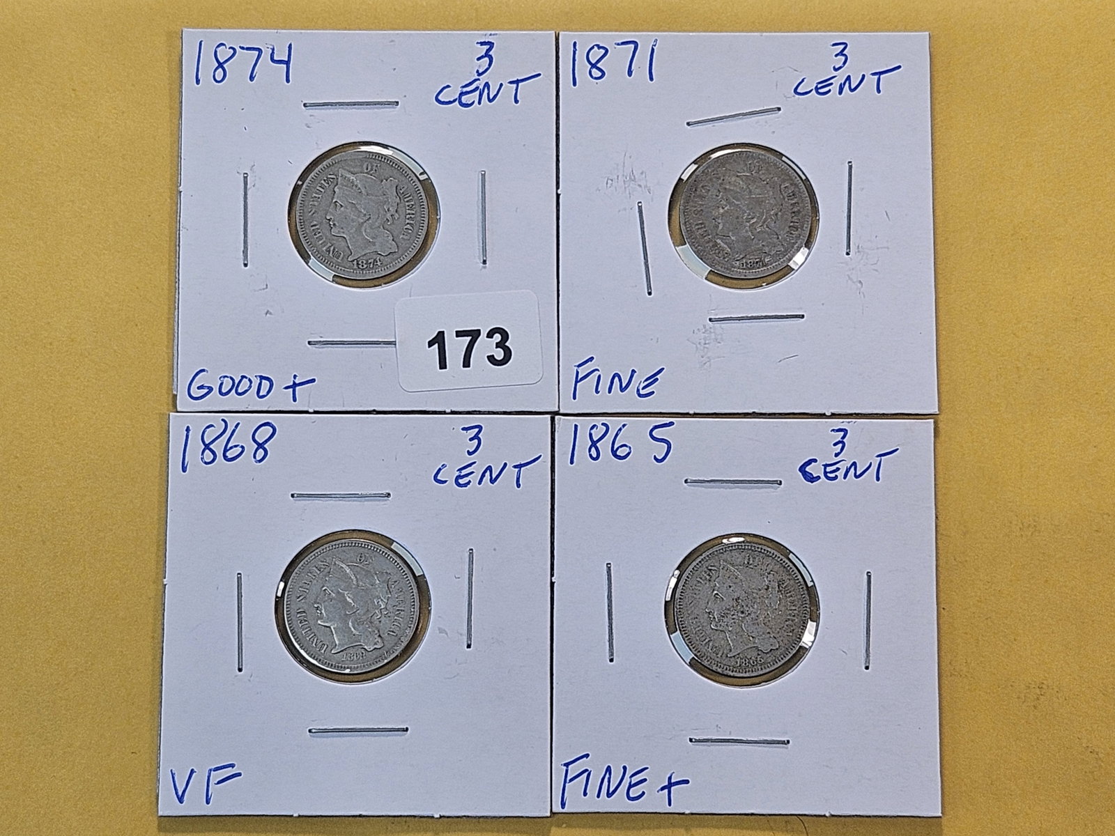 Four Circulated Three Cent Nickels: 1865, 1868, 1871 and 1874