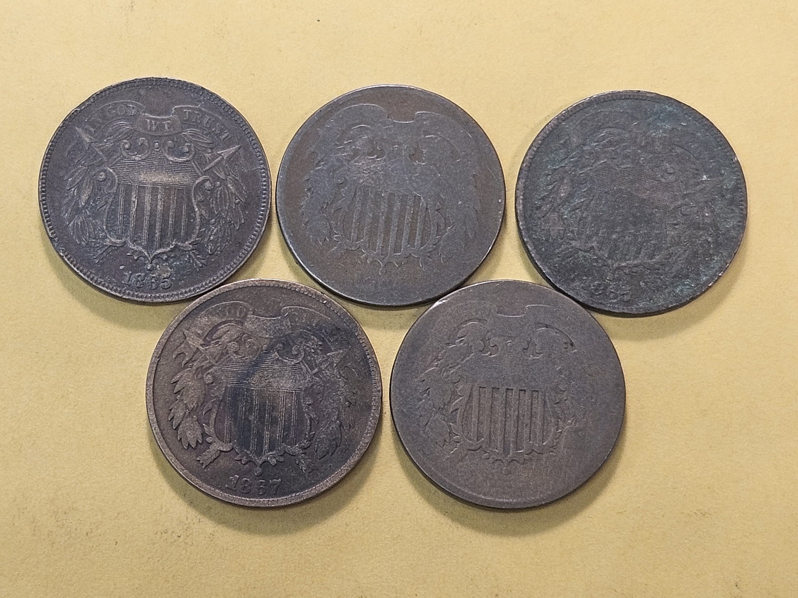 Five Circulated Two Cent Pieces - 2