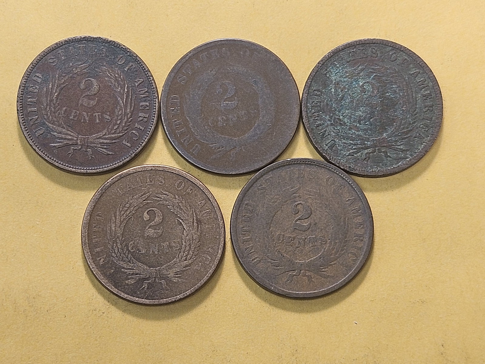 Five Circulated Two Cent Pieces - 4
