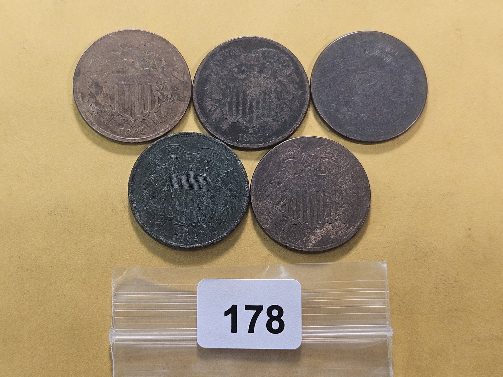 Five Circulated Two Cent Pieces: 1864, two 1865, 1866 and 1870
