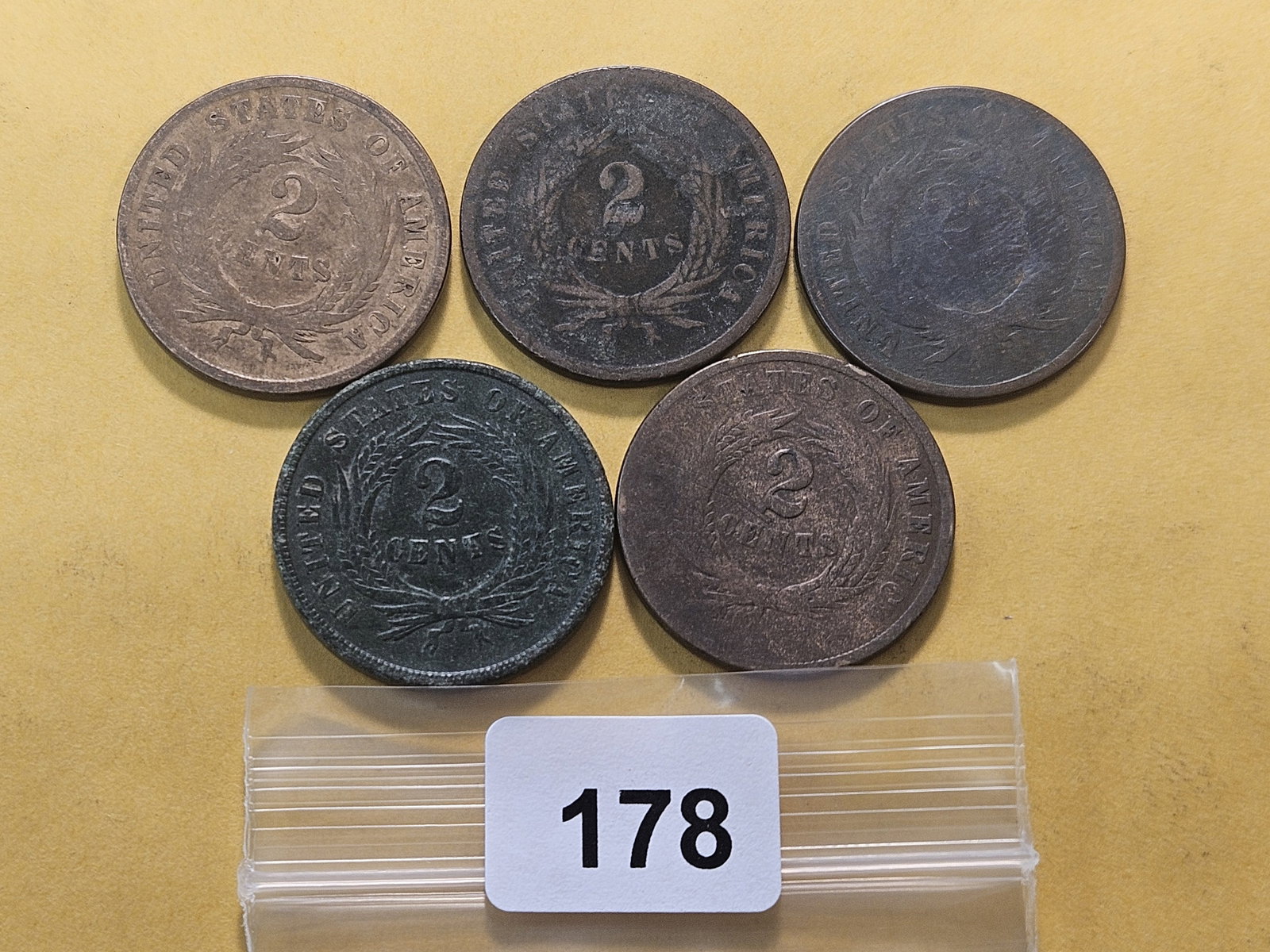 Five Circulated Two Cent Pieces - 3