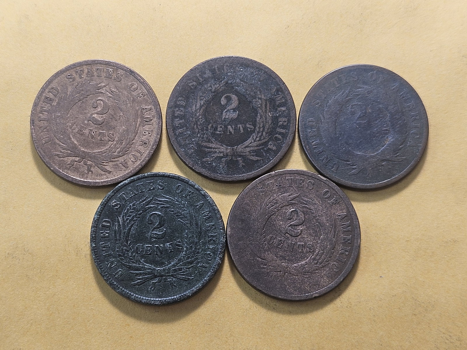 Five Circulated Two Cent Pieces - 4