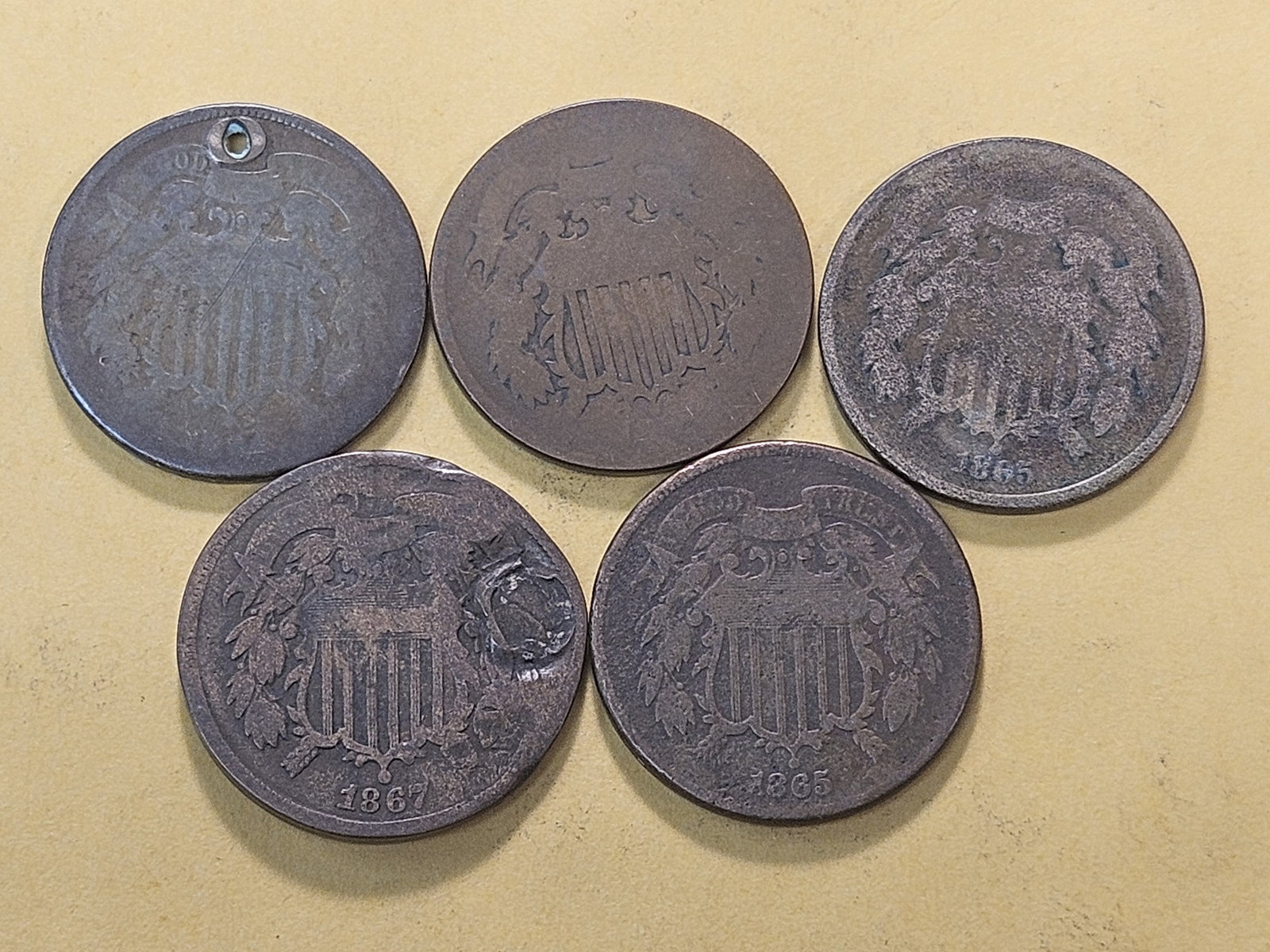Five Circulated Two Cent Pieces - 2