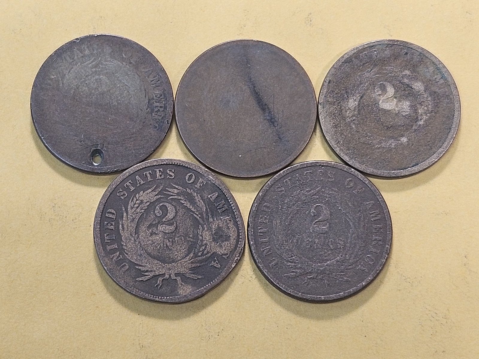 Five Circulated Two Cent Pieces - 4