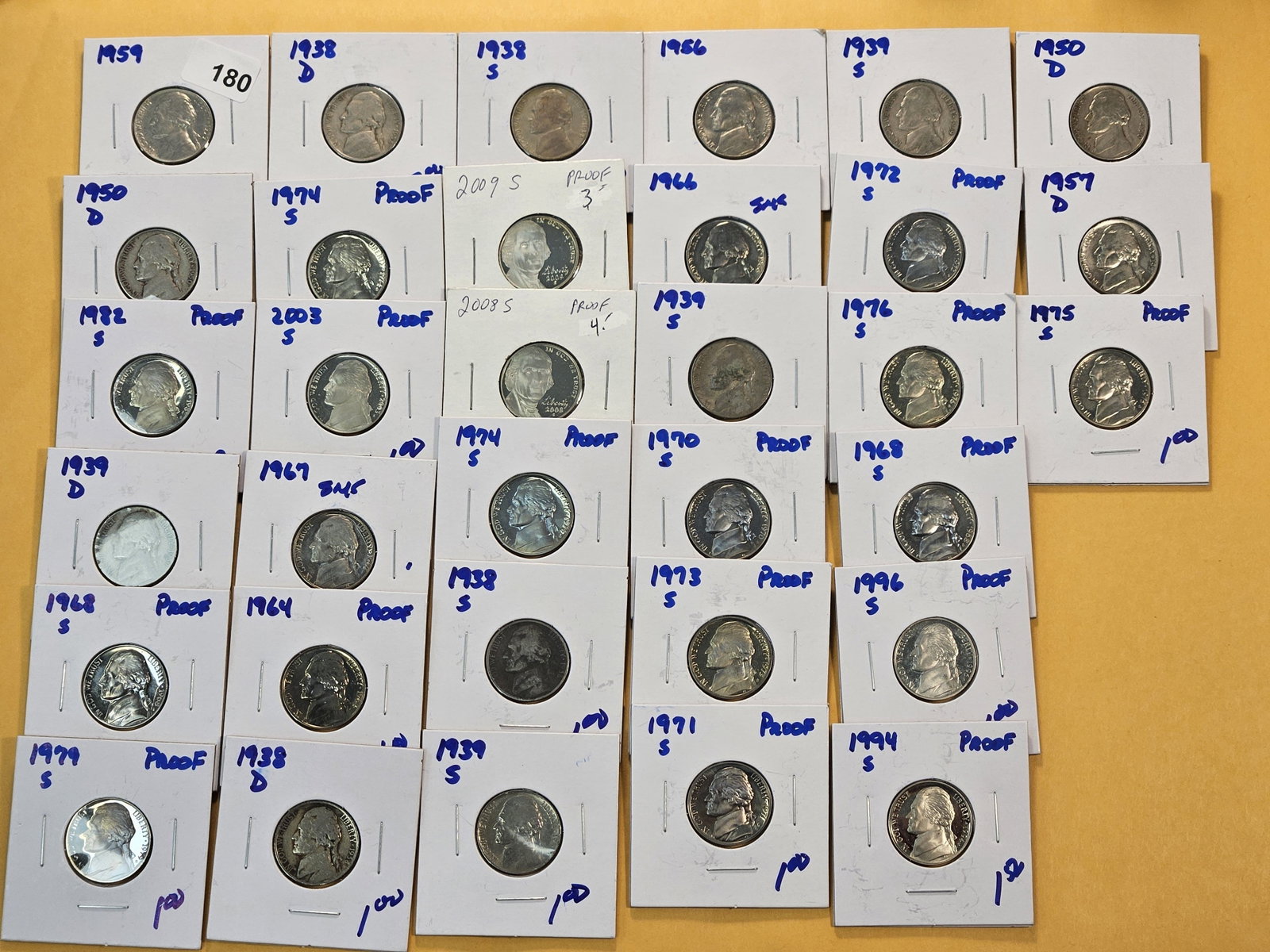 Thirty-three Mixed Jefferson Nickels: Mixed dates 1938 through 2008. Proof and Business Strike