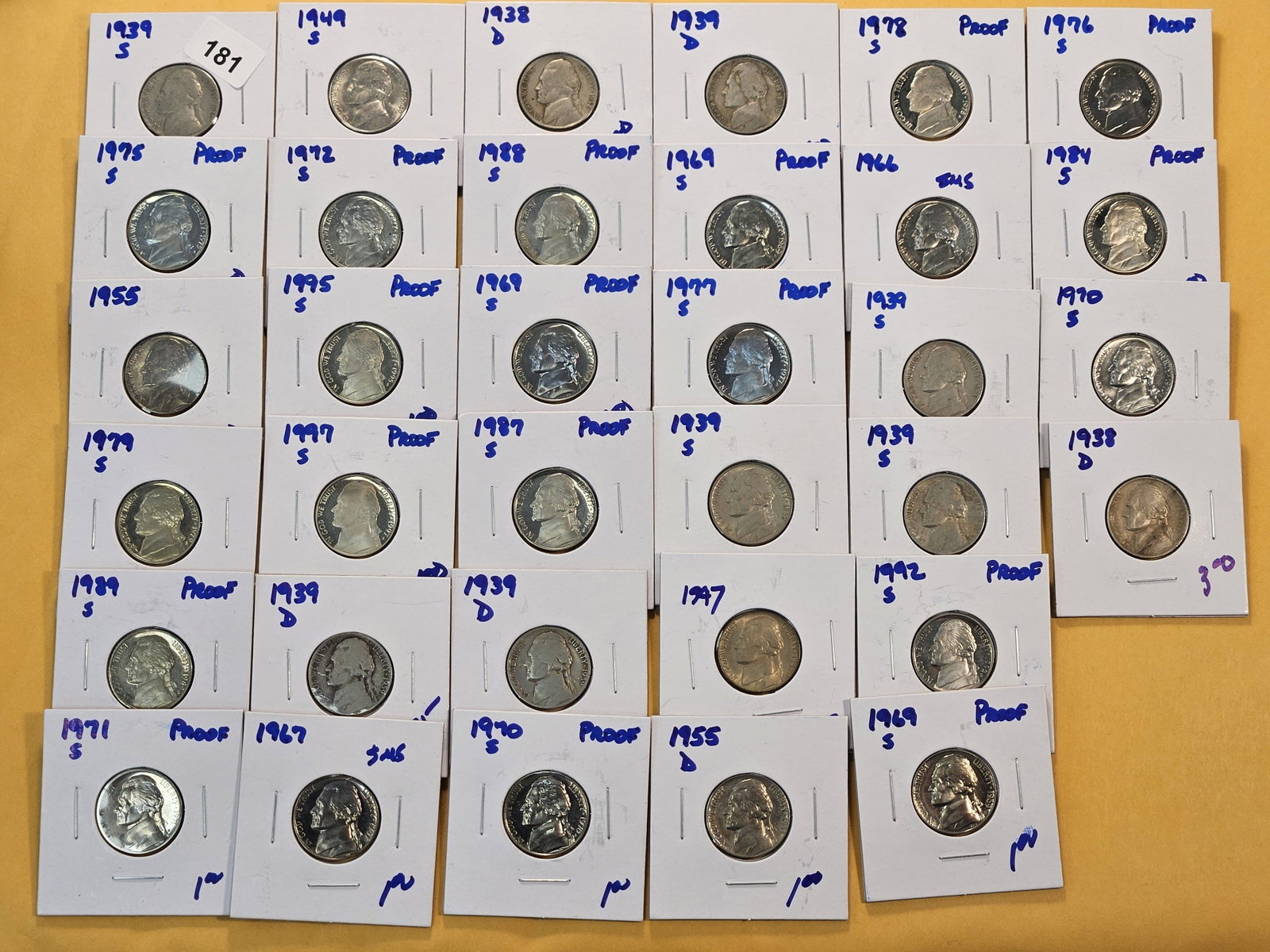 Thirty-four Mixed Jefferson Nickels: Mixed dates 1938 through 1997. Proof and Business Strike