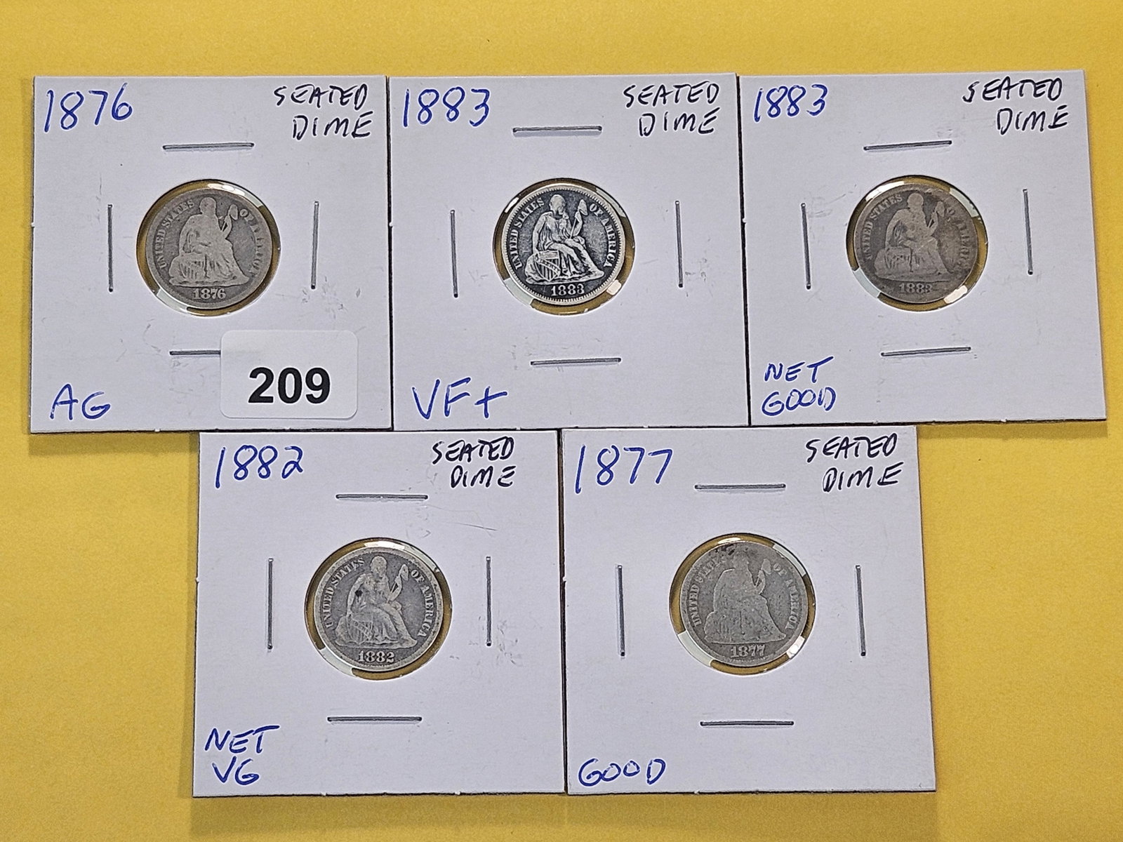 Five Seated Liberty Silver Dimes: 1876, 1877, 1882 and two 1883