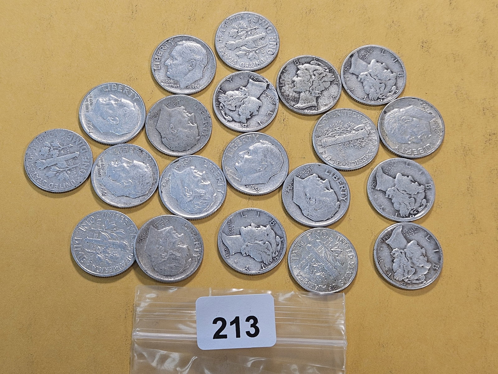 Twenty Mixed United States Silver Dimes: Mercury and Roosevelt Silver Dimes. Assorted dates and grades