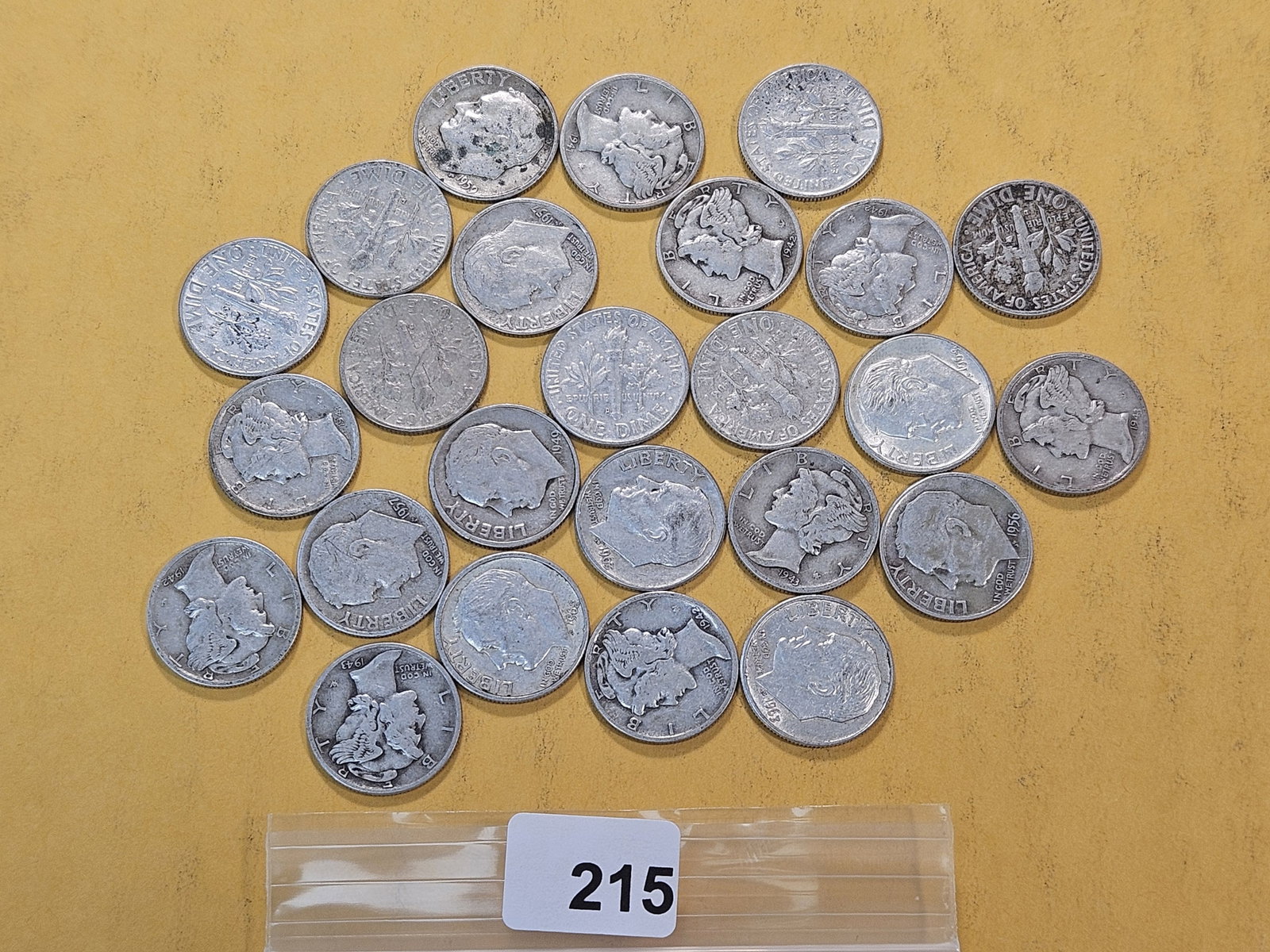 Twenty-five Mixed United States Silver Dimes: Mercury and Roosevelt Silver Dimes. Assorted dates and grades