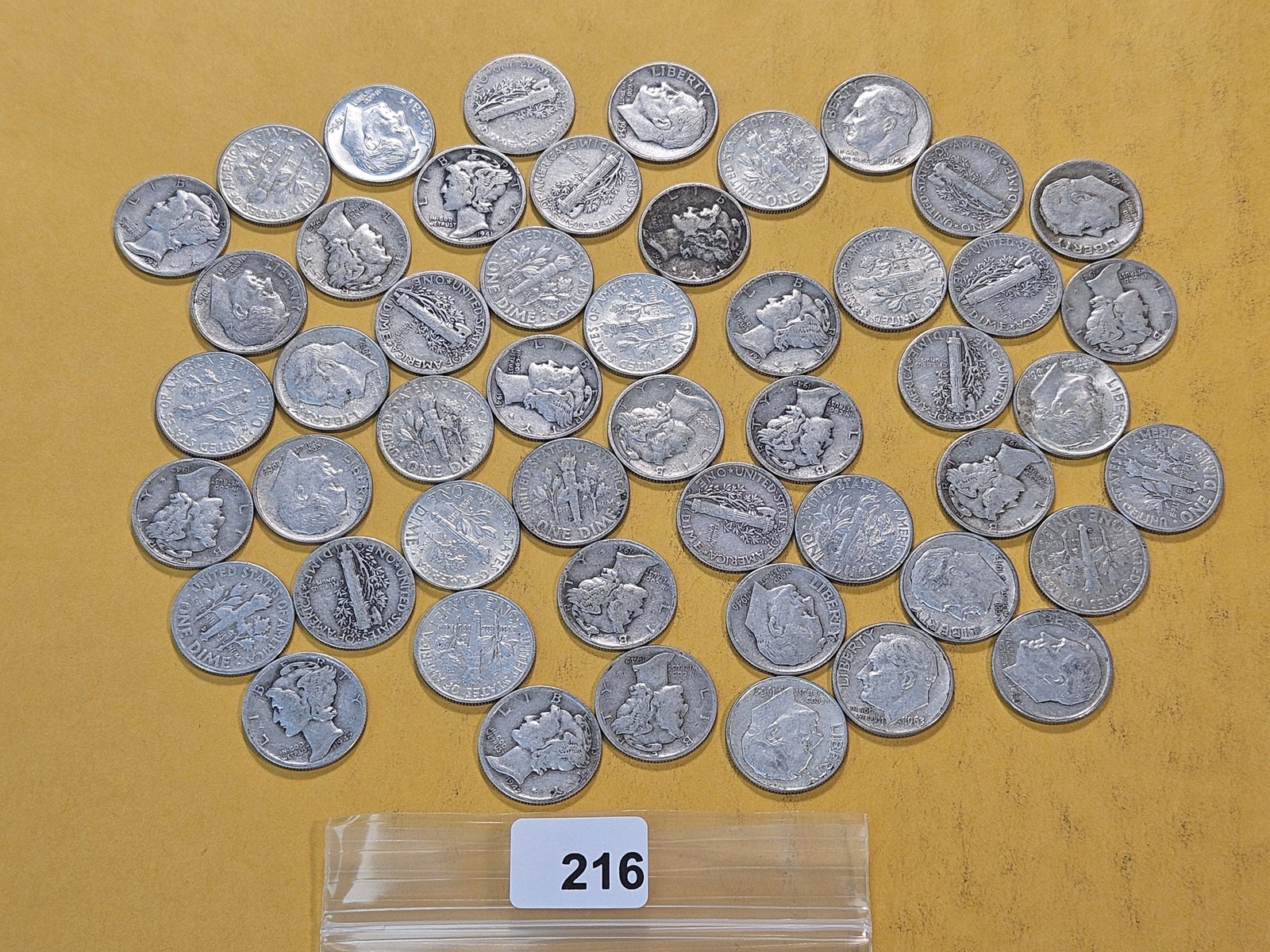 Fifty Mixed United States Silver Dimes: Mercury and Roosevelt Silver Dimes. Assorted dates and grades