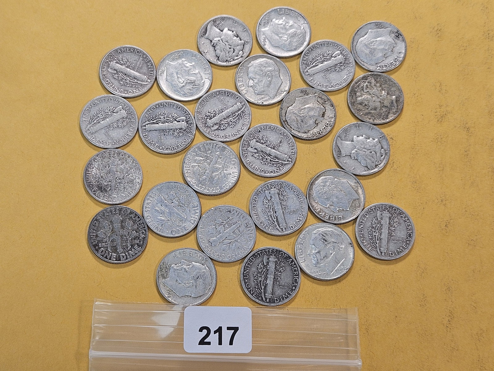 Twenty-five Mixed United States Silver Dimes: Mercury and Roosevelt Silver Dimes. Assorted dates and grades