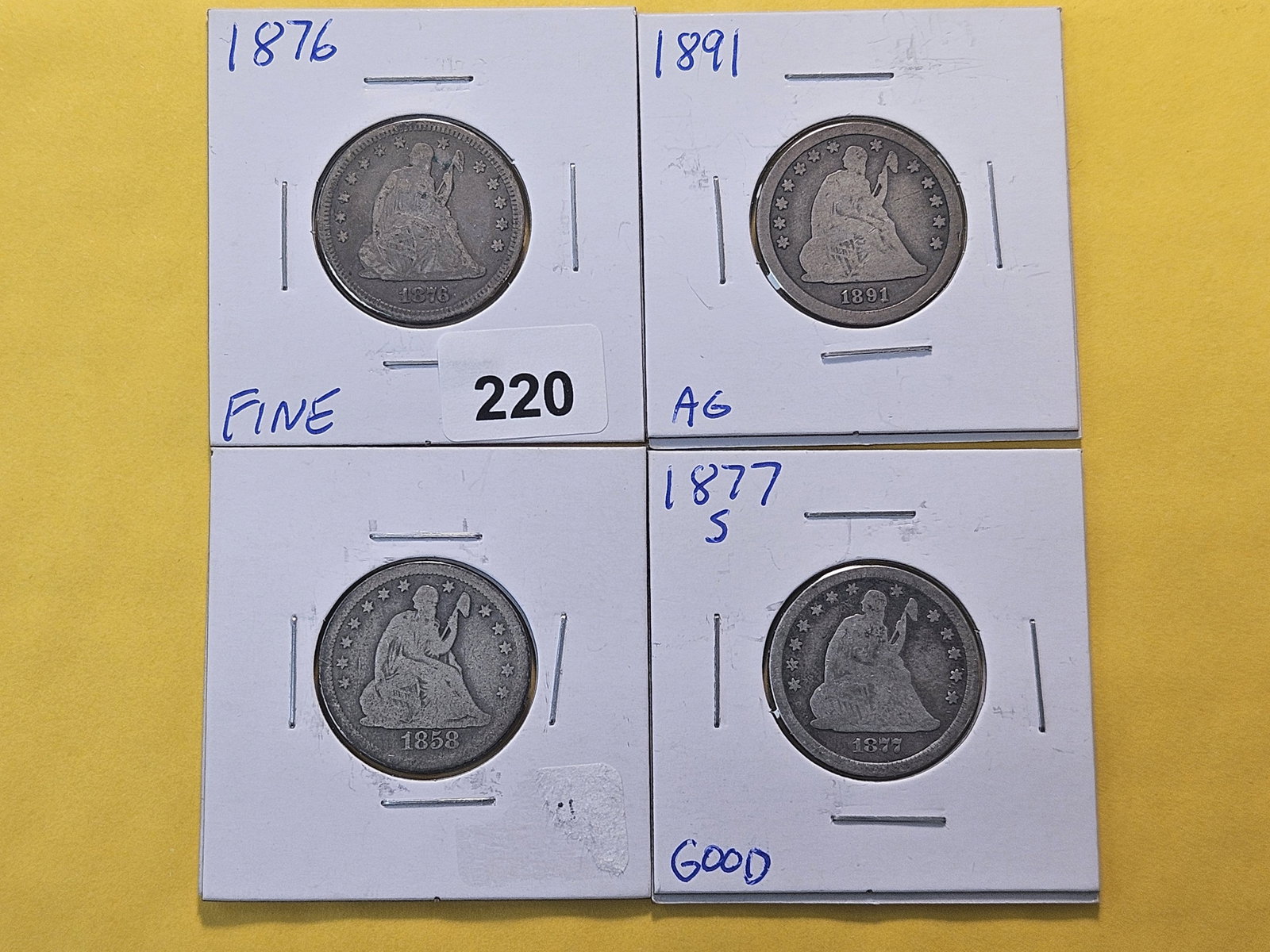 Four Seated Liberty Silver Quarters (1 of 8)