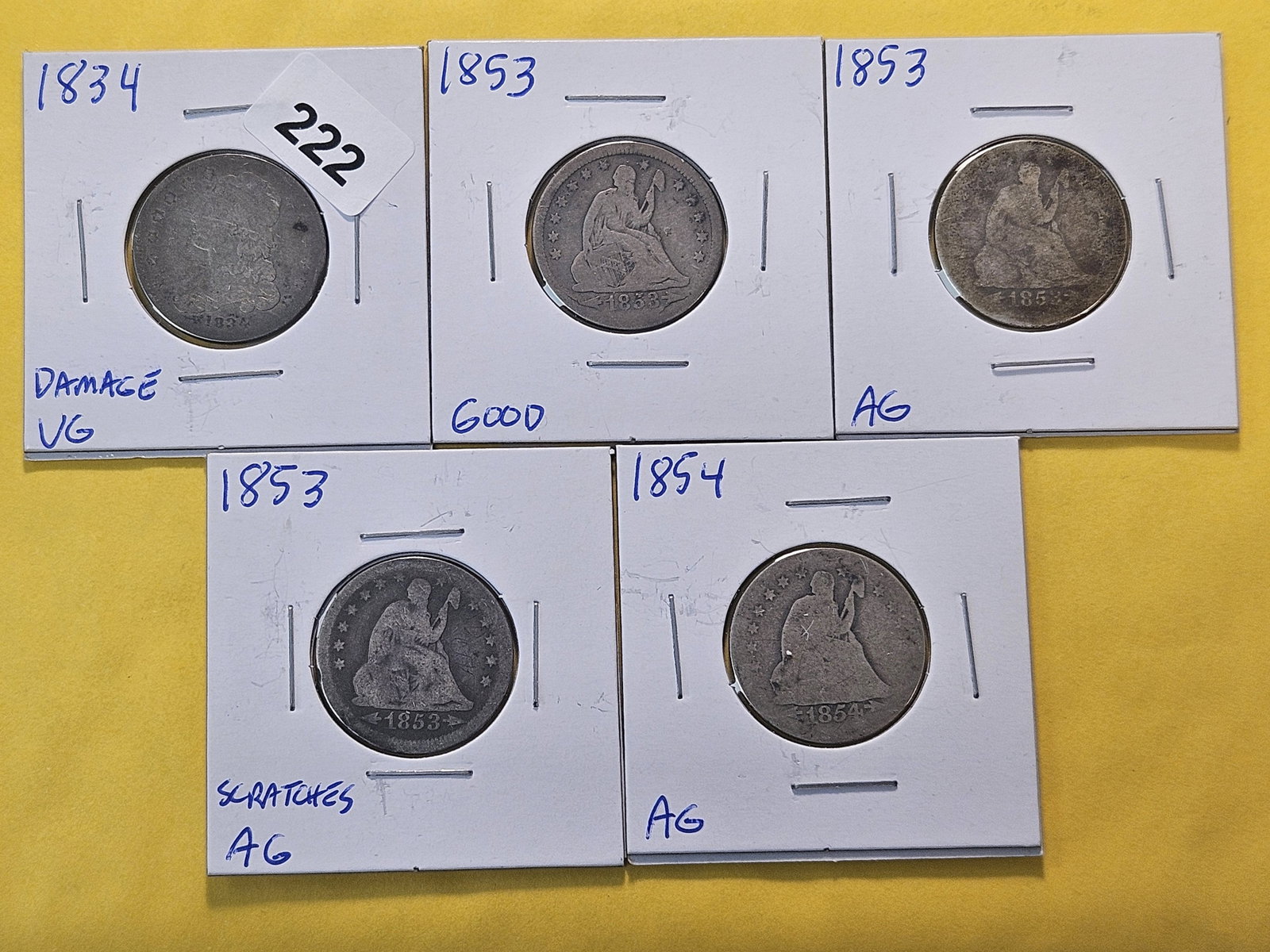 Capped Bust and four Seated Liberty Silver Quarters: 1834 Capped Bust, three 1853 and an 1854 Seated Liberty Silver Quarters