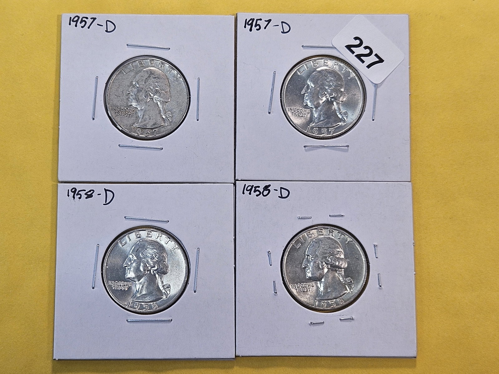 Four Washington Silver Quarters, three are Brilliant Uncirculated (1 of 8)