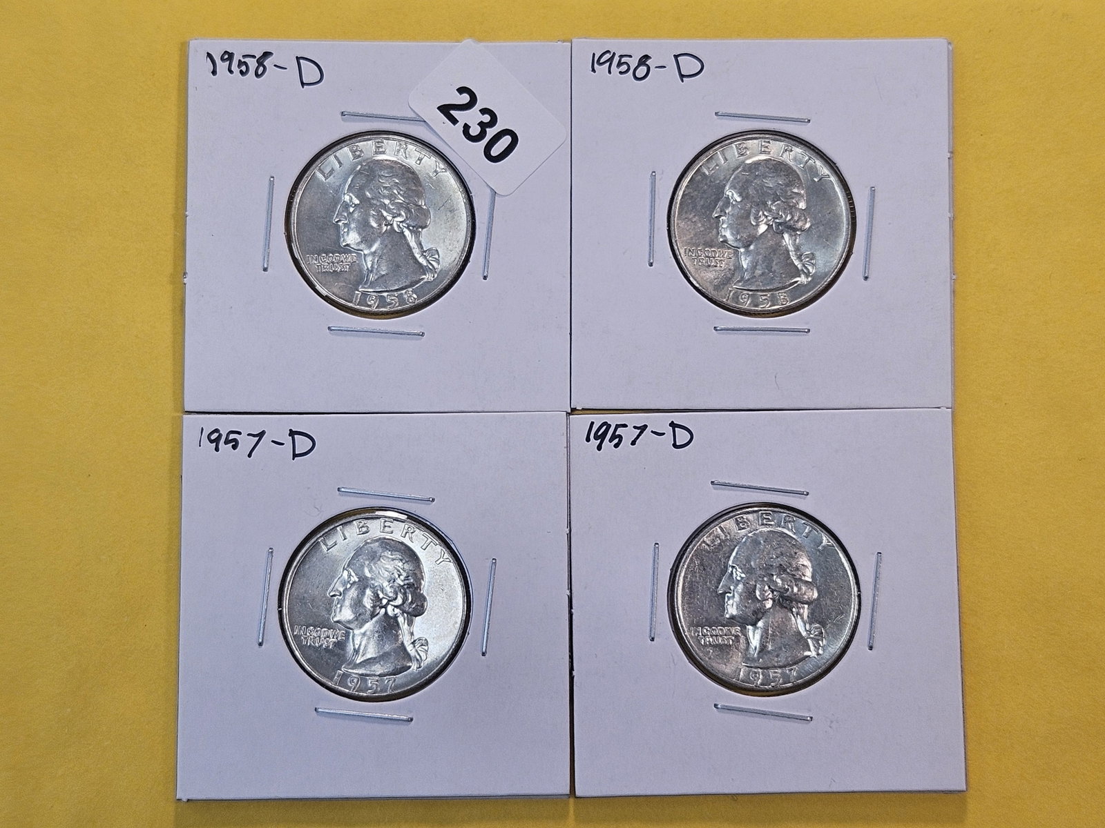 Four Brilliant Uncirculated Washington Silver Quarters: Two 1957-D and two 1958-D