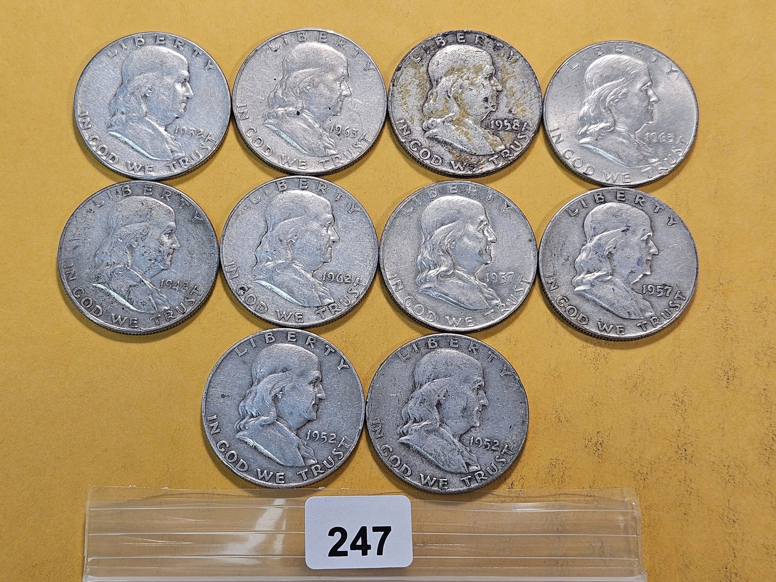 Ten Circulated Franklin Silver Half Dollars: Mixed Dates and Grades