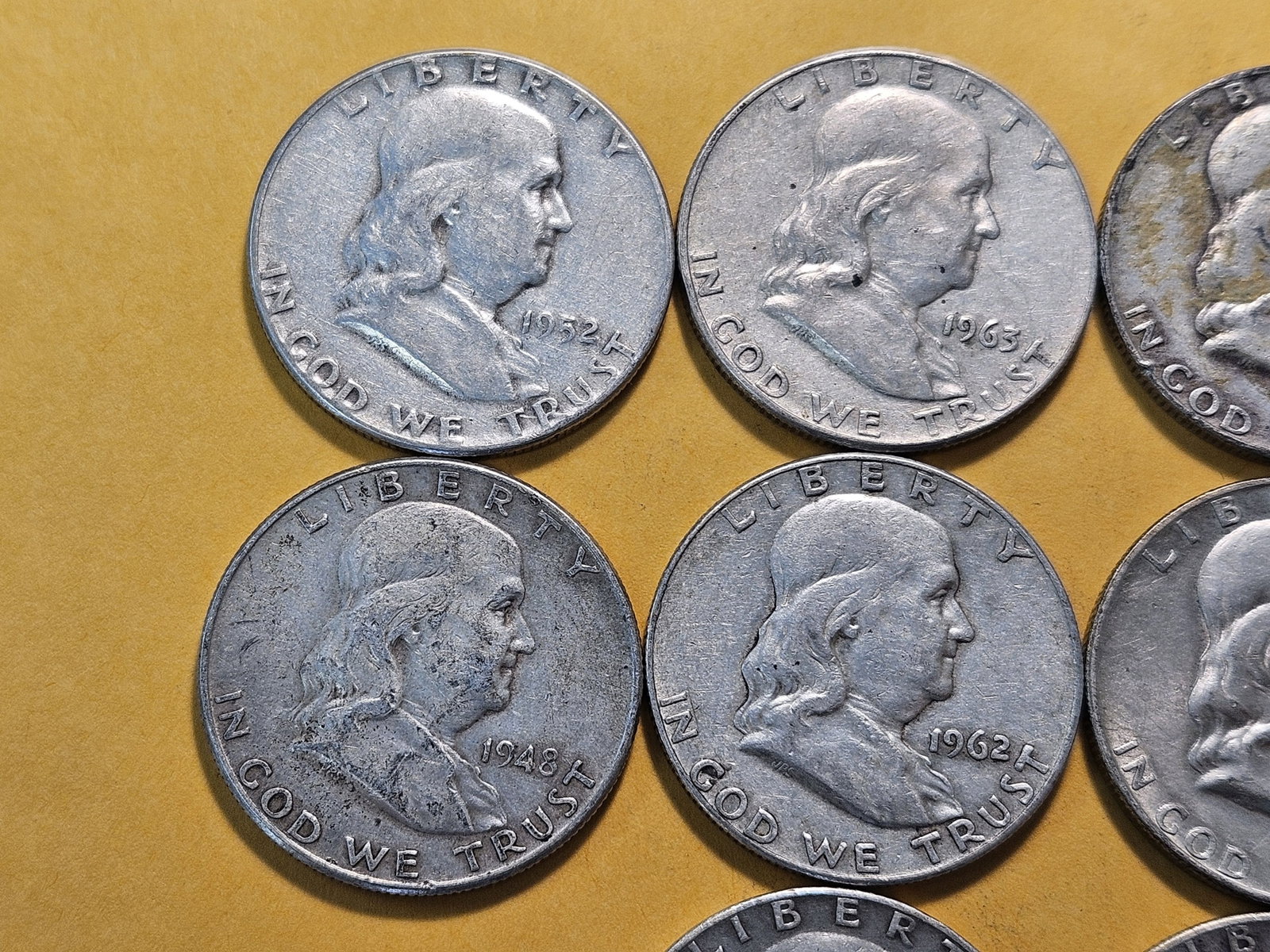 Ten Circulated Franklin Silver Half Dollars - 2