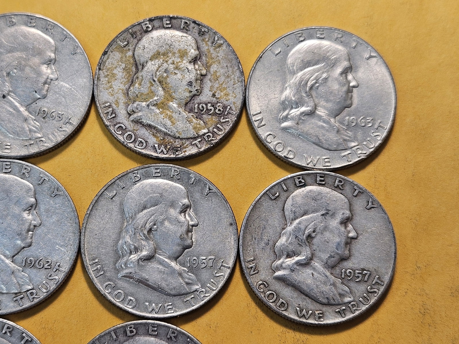 Ten Circulated Franklin Silver Half Dollars - 3