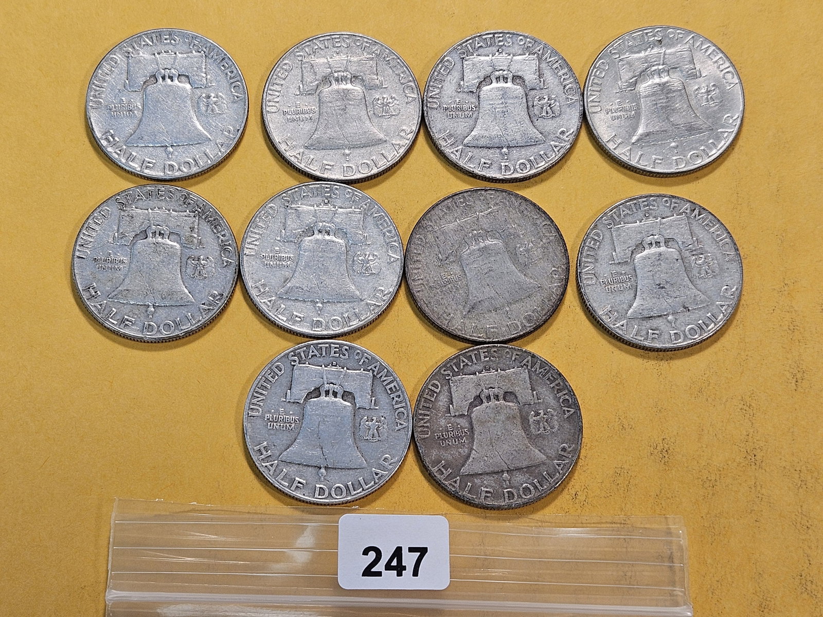 Ten Circulated Franklin Silver Half Dollars - 5