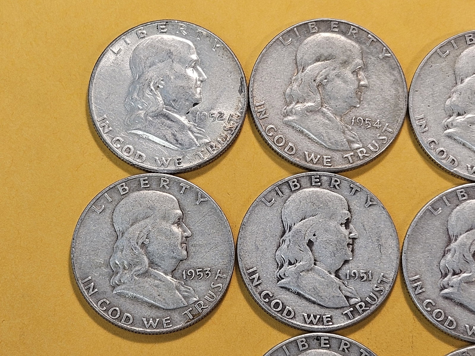 Ten Circulated Franklin Silver Half Dollars - 2