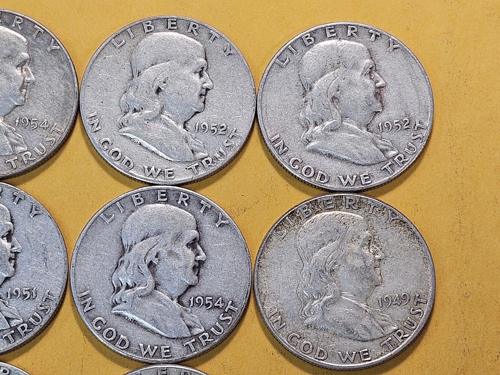 Ten Circulated Franklin Silver Half Dollars - 3