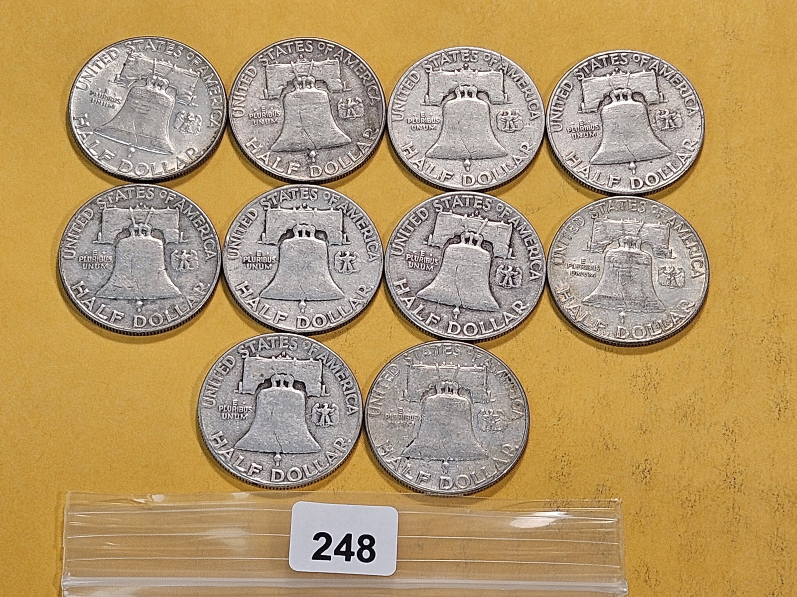 Ten Circulated Franklin Silver Half Dollars - 5