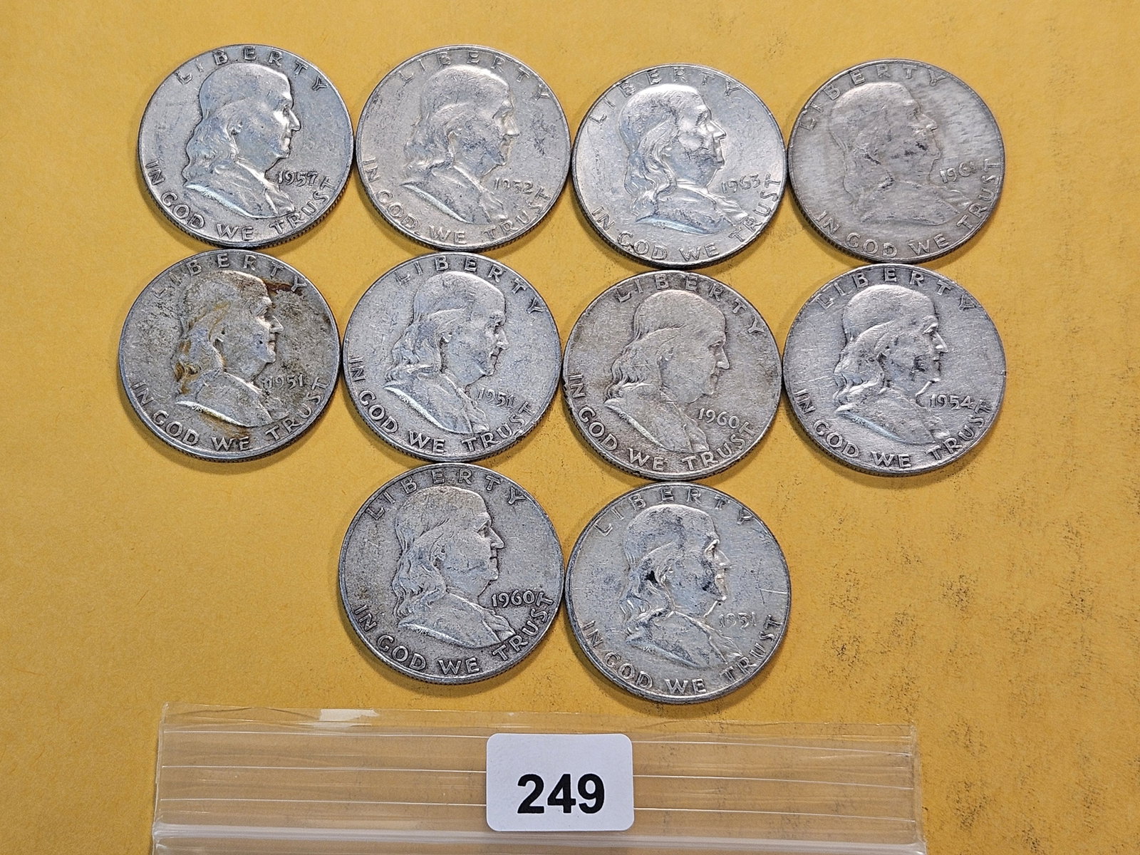 Ten Circulated Franklin Silver Half Dollars: Mixed Dates and Grades