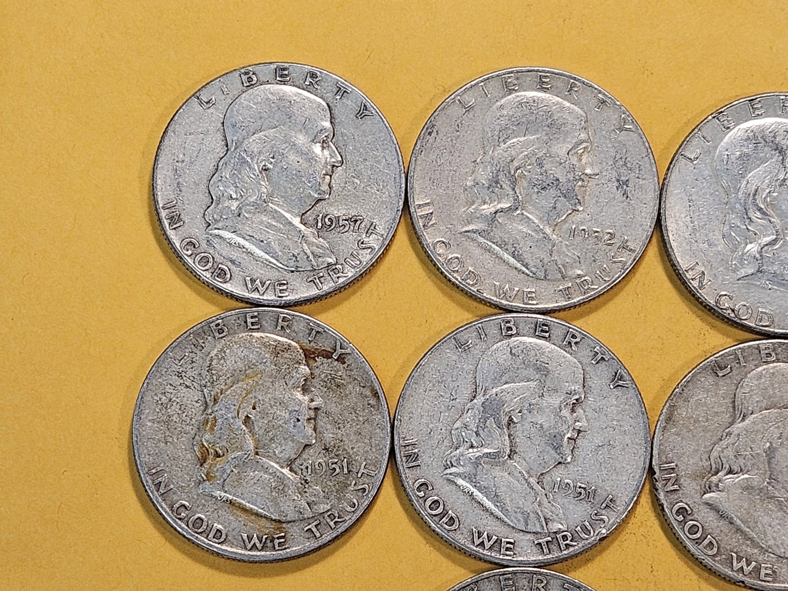 Ten Circulated Franklin Silver Half Dollars - 2