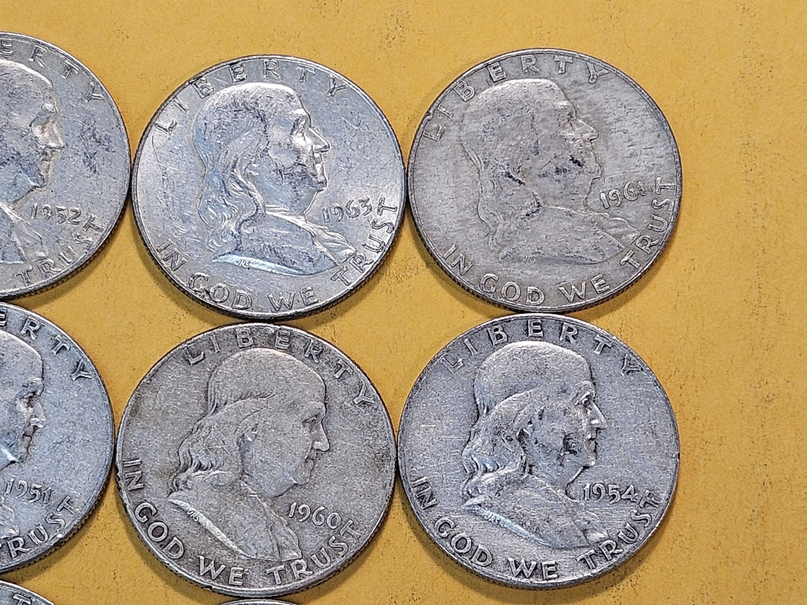 Ten Circulated Franklin Silver Half Dollars - 3