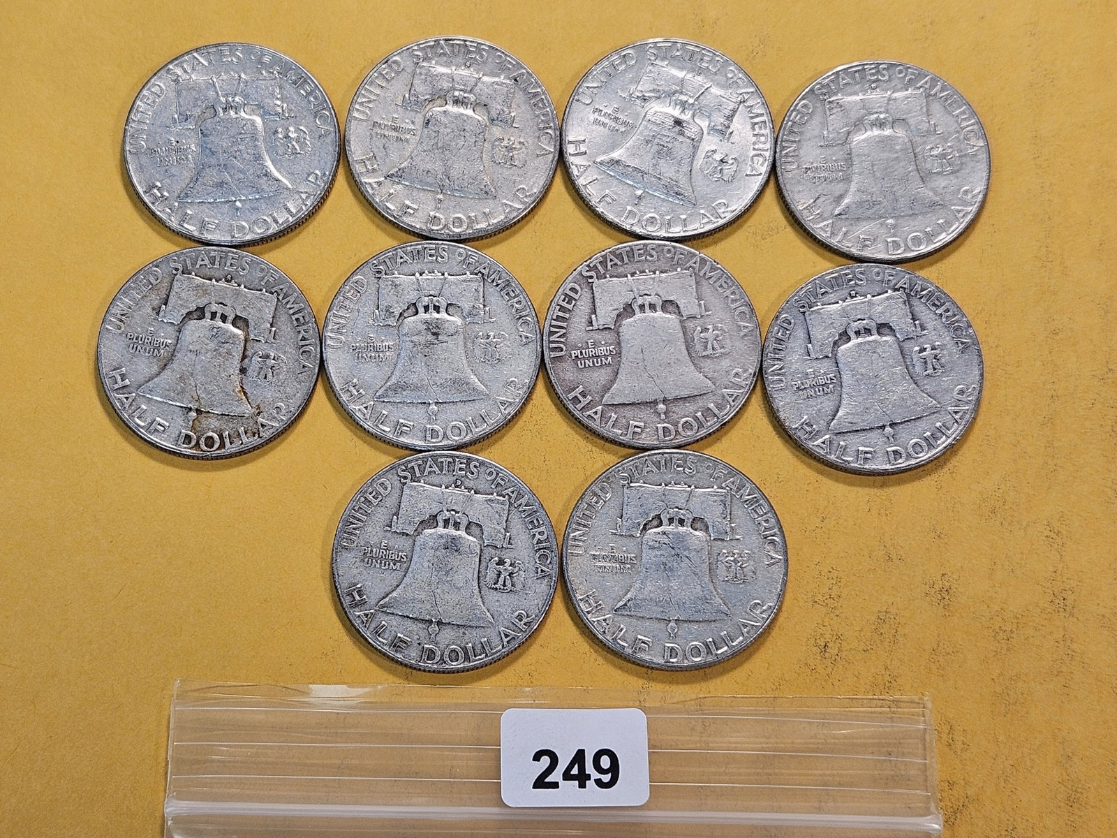 Ten Circulated Franklin Silver Half Dollars - 5