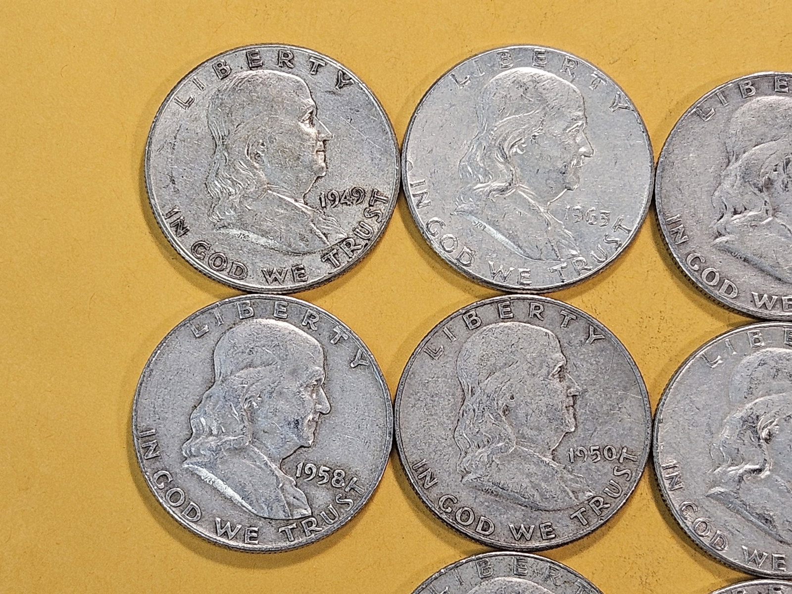 Ten Circulated Franklin Silver Half Dollars - 2