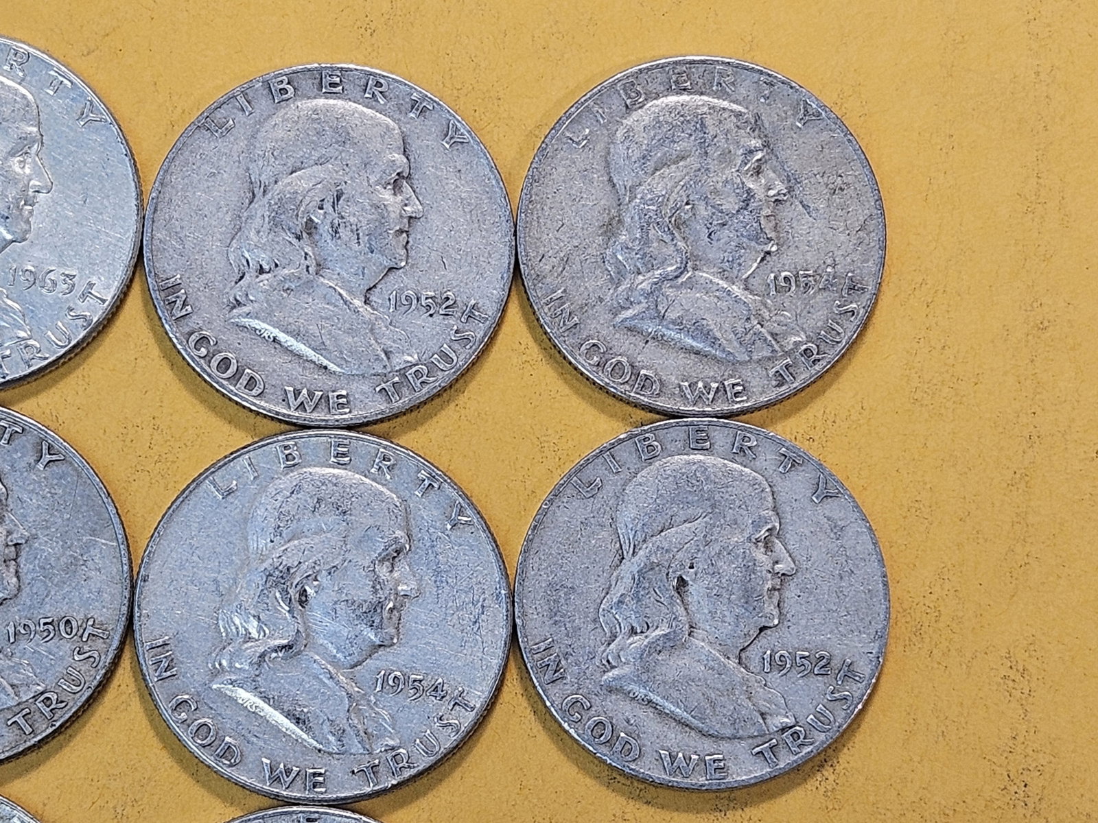 Ten Circulated Franklin Silver Half Dollars - 3