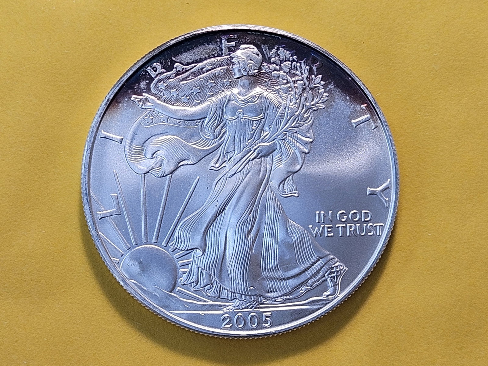 GEM Brilliant Uncirculated 2005 American Silver Eagle: Has a deep blue and purple patina on top of rim