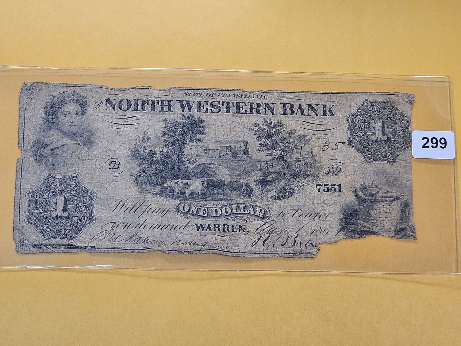 Series 1861 Pennsylvania One Dollar Obsolete Note: North Western Bank of Warren, Pennsylvania
