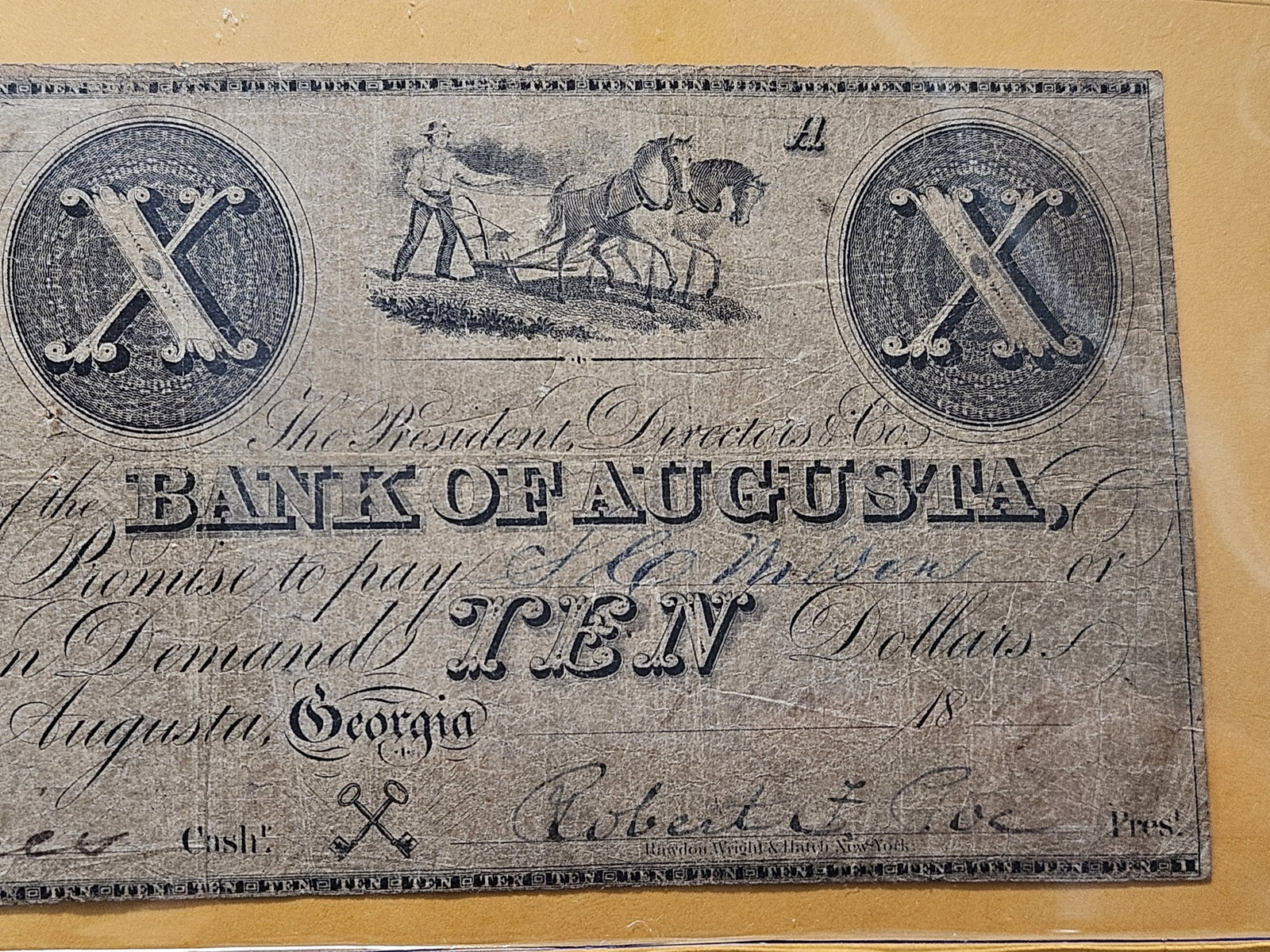 Series 1819 Bank of Augusta Ten Dollar Obsolete Note - 3
