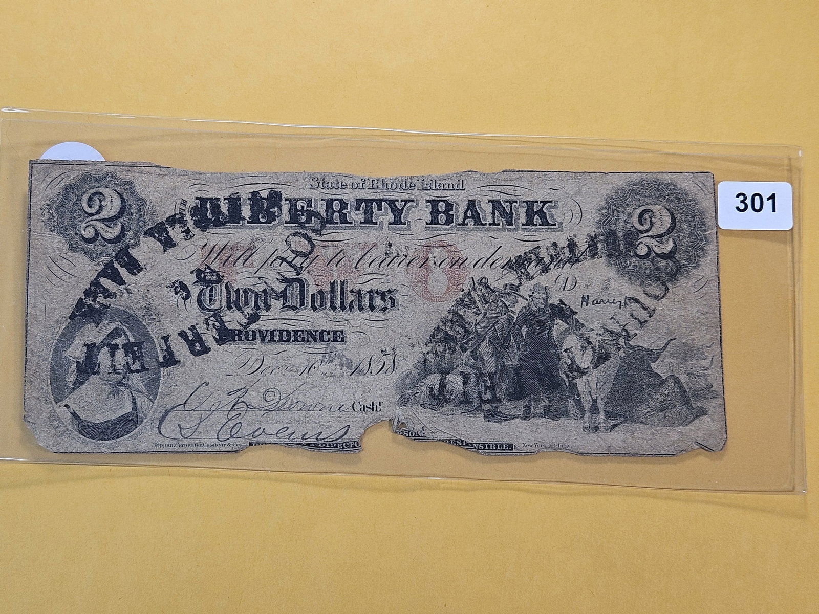 Series 1858 State of Rhode Island Two Dollar Obsolete Note: Liberty Bank of Providence, Rhode Island