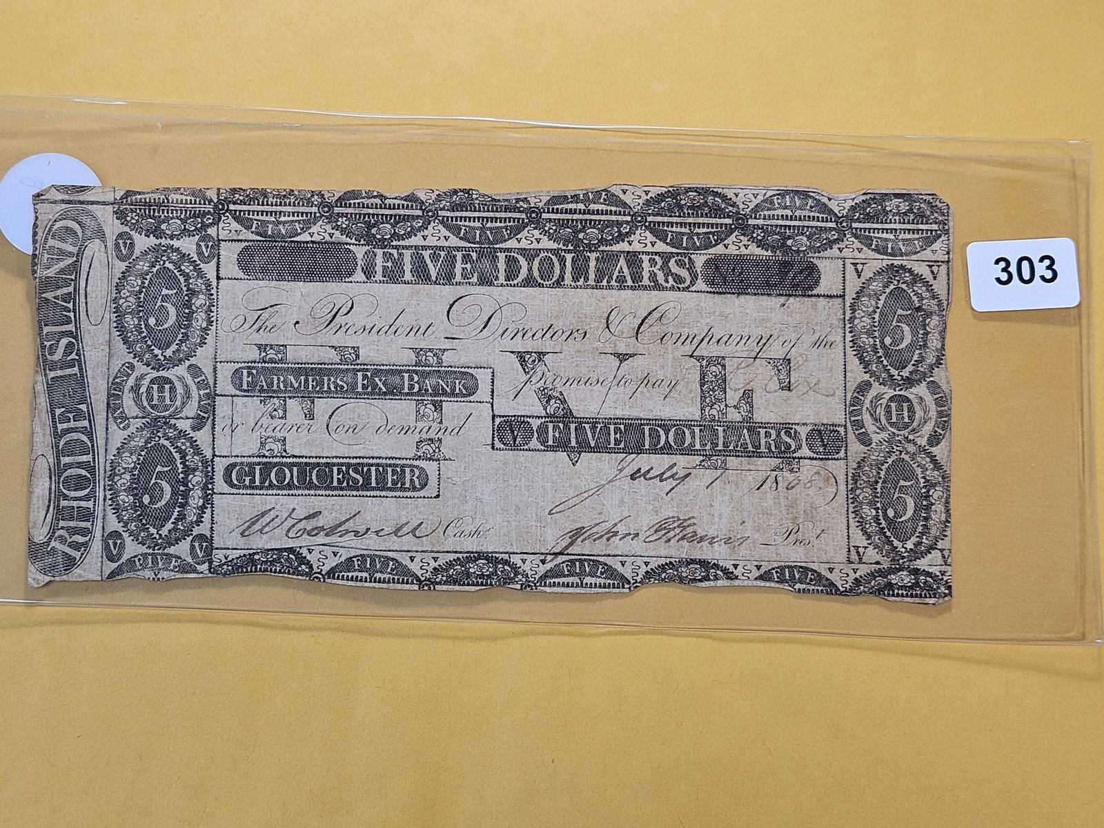 Series 1808 Rhode Island Five Dollar Obsolete Note: Farmers Exchange Bank of Gloucester, Rhode Island