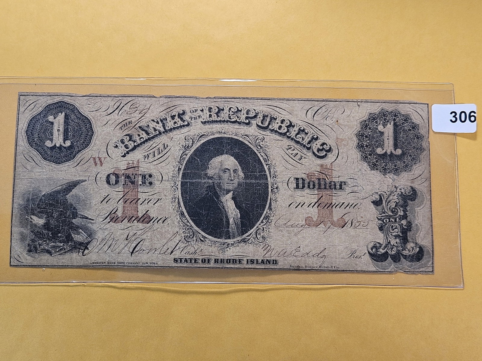Series 1833 State of Rhode Island One Dollar Obsolete Note: Bank of the Republic