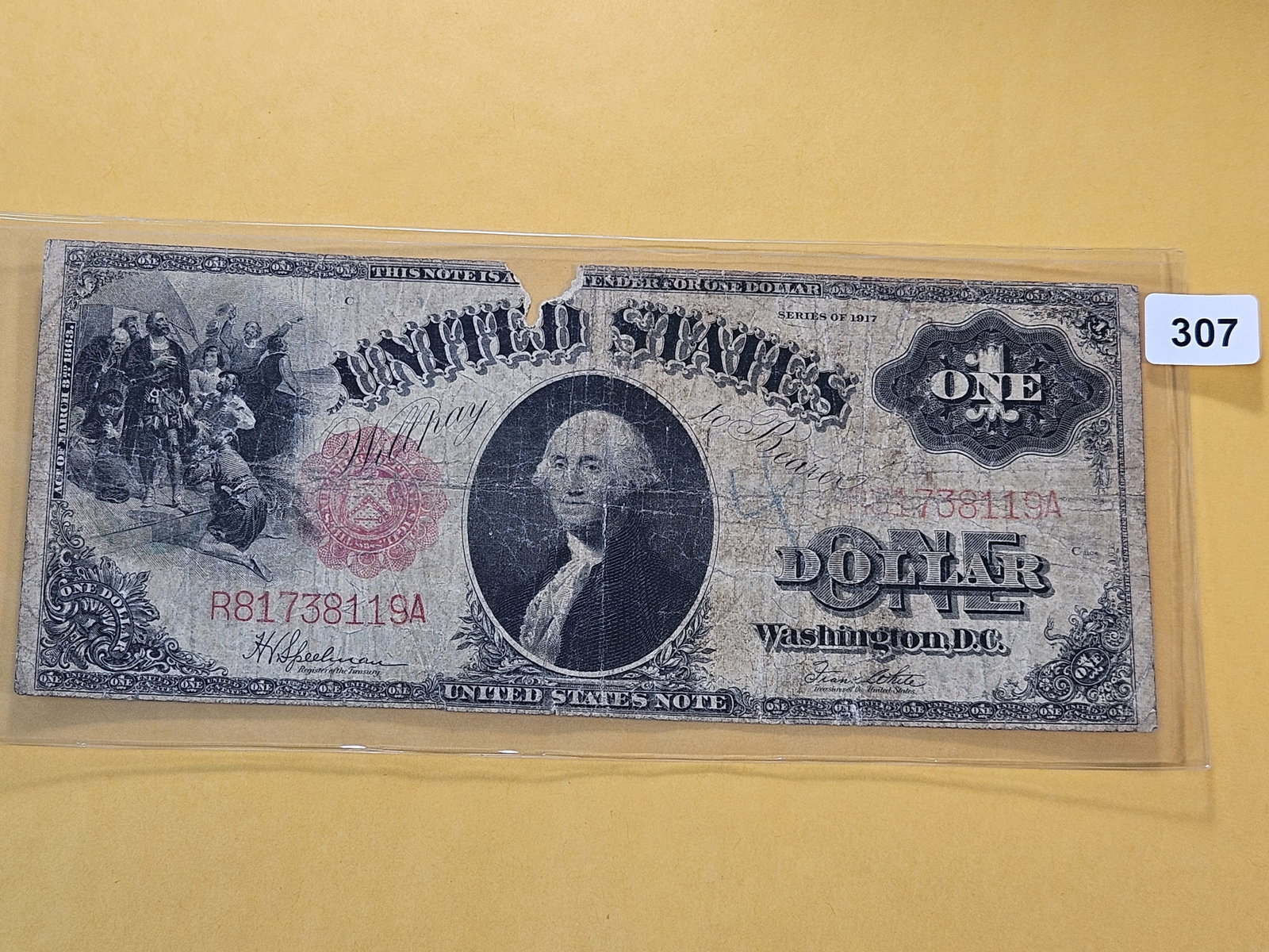 Series 1917 One Dollar Federal Reserve Large Size Note: Red Seal. Horse Blanket!
