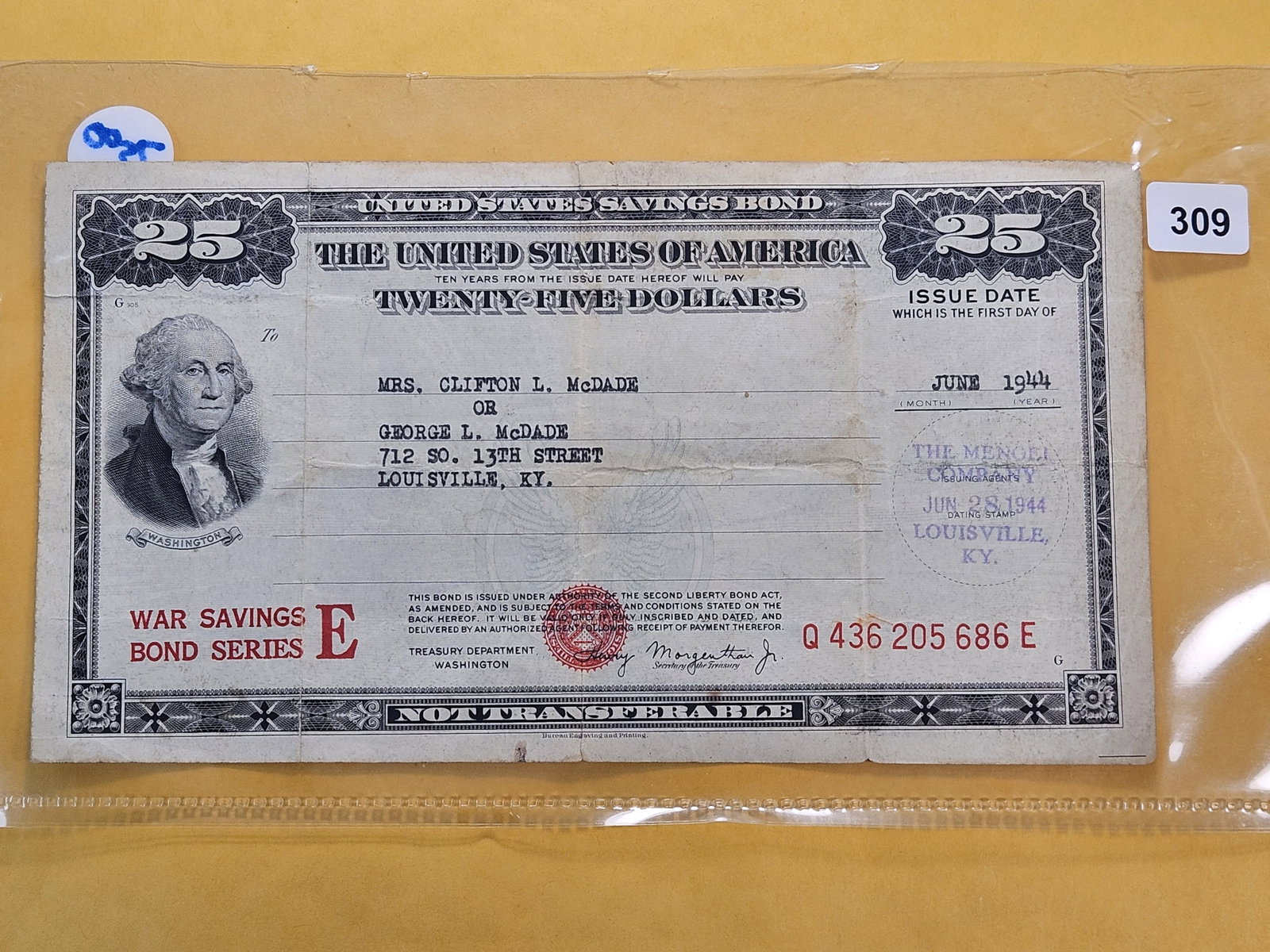Series 1944 United States Twenty-five Dollar Savings Bond: Issued June 14, 1944