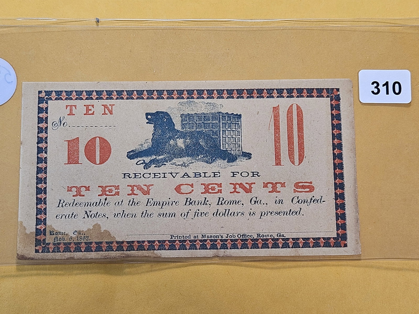 Series 1862 Georgia Ten Cent Fractional Obsolete Note (1 of 3)