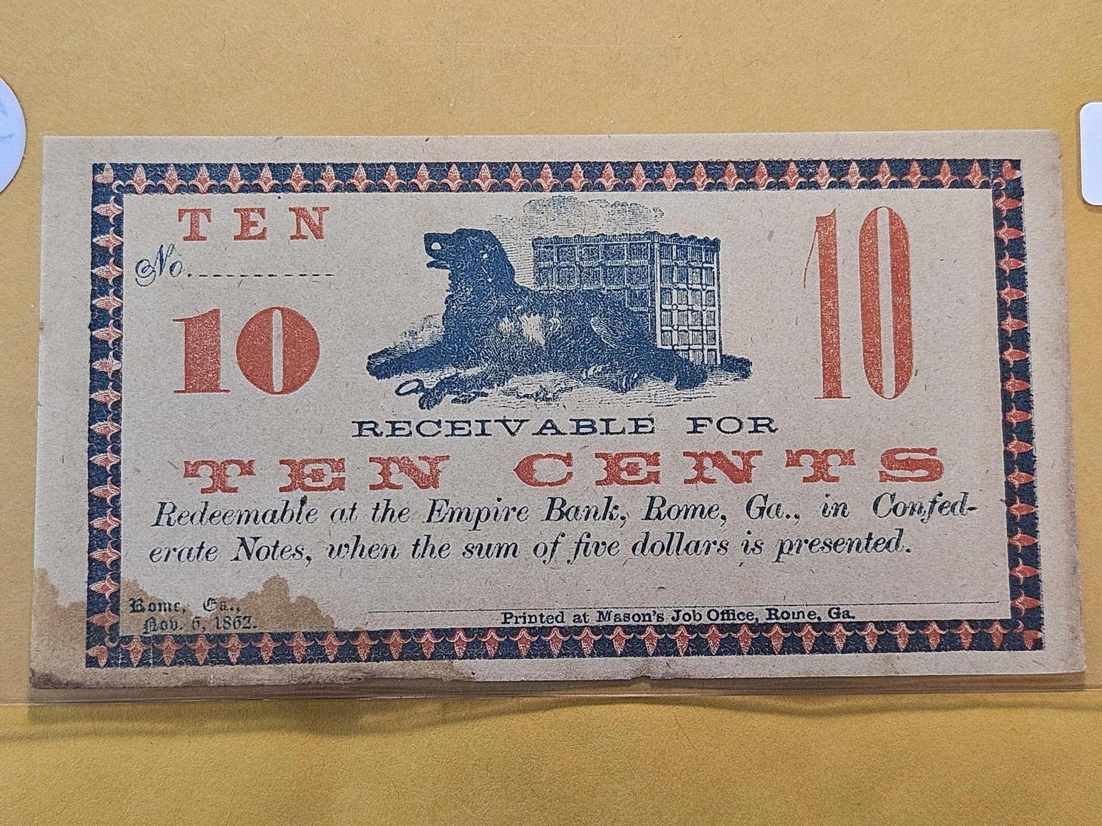 Series 1862 Georgia Ten Cent Fractional Obsolete Note - 2