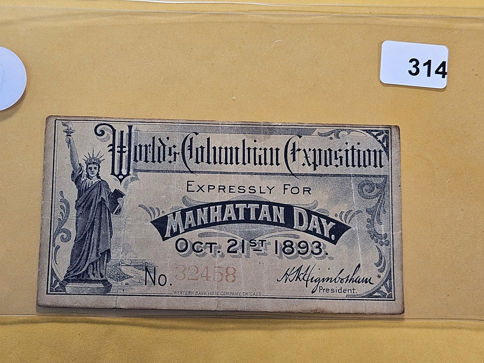1863 Worlds Columbian Exposition Day Ticket: Expressly for Manhattan Day, October 21st 1893