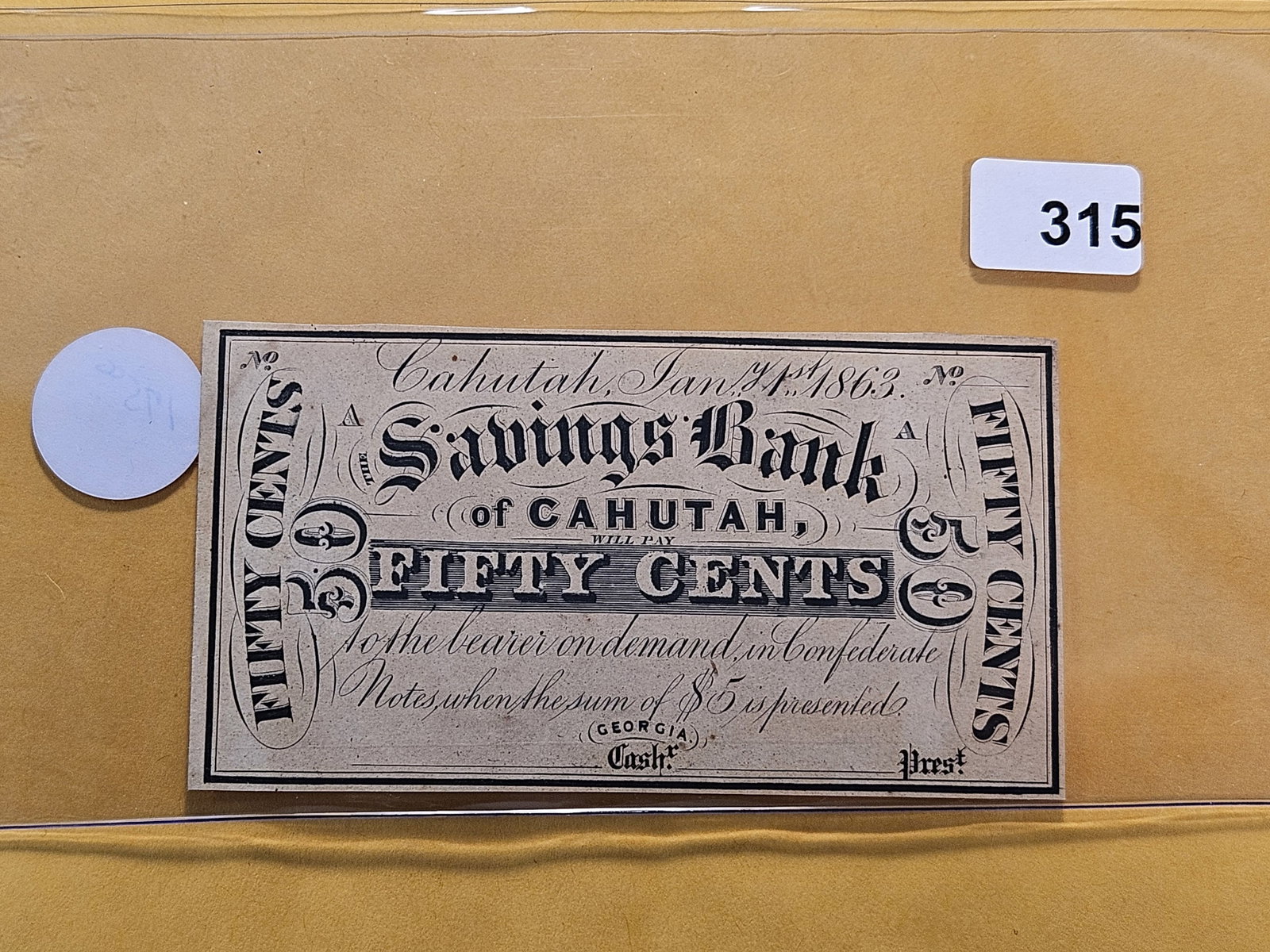 Crisp AU Series 1863 Georgia Fifty Cent Fractional Obsolete Note: Savings Bank of Cahutah, Georgia. Tough Note to find!