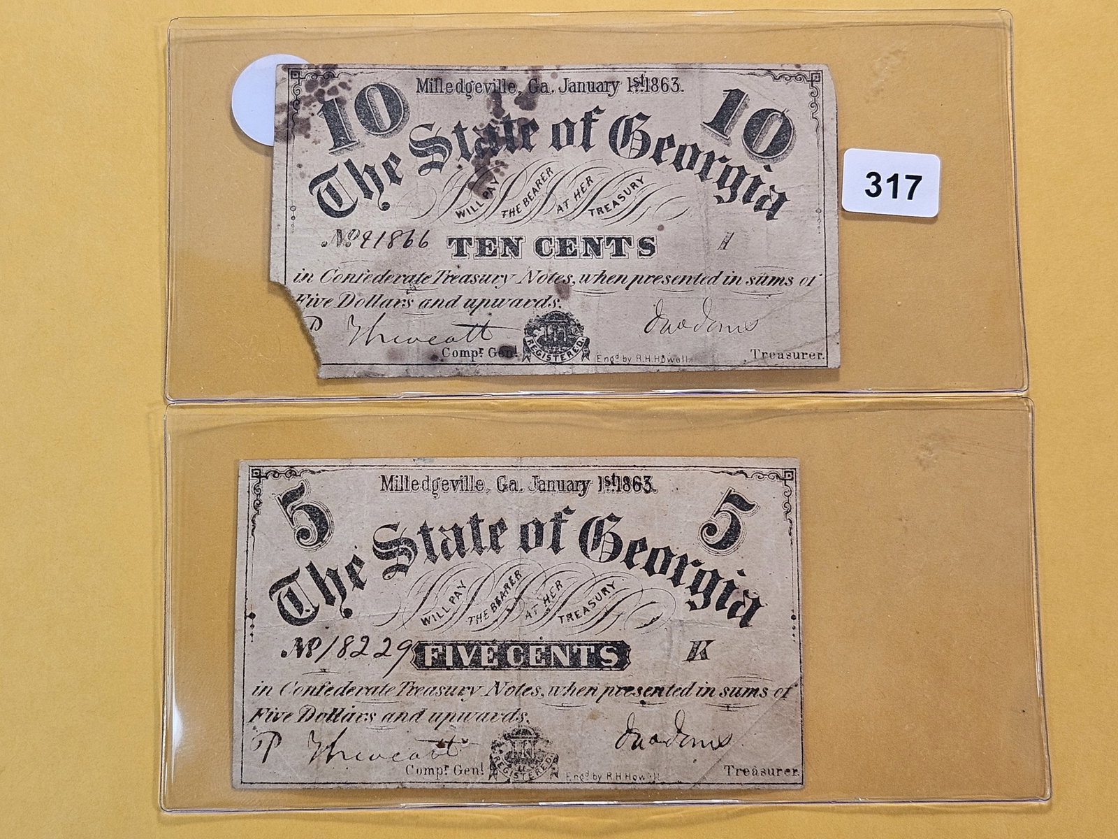 Two Series 1863 Georgia Obsolete Fractional Notes: Five and Ten Cents. From Milledgeville, Georgia