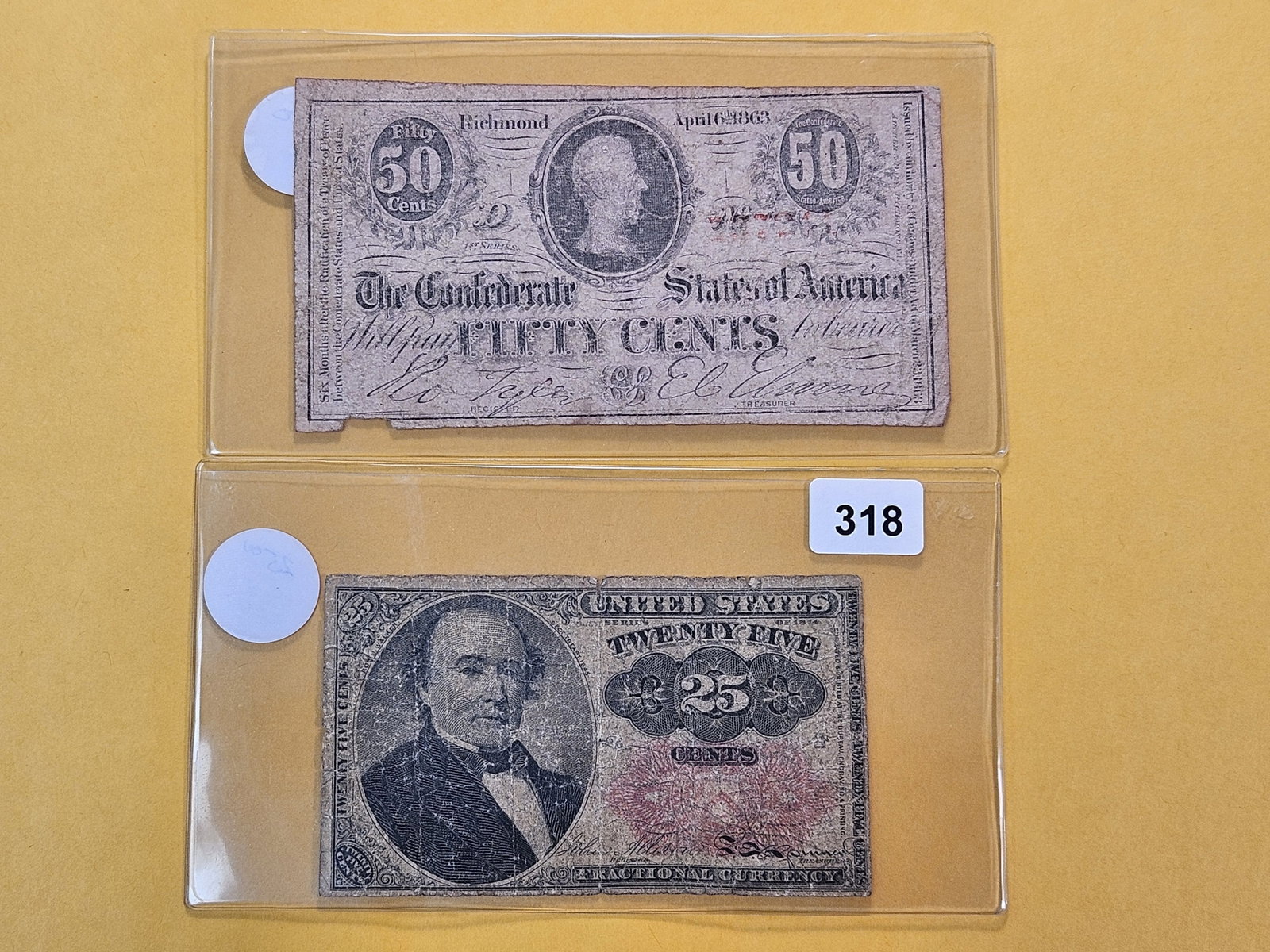 Two United States Obsolete Fractional Notes: 1814 Twenty-five Cents and 1863 Fifty Cents