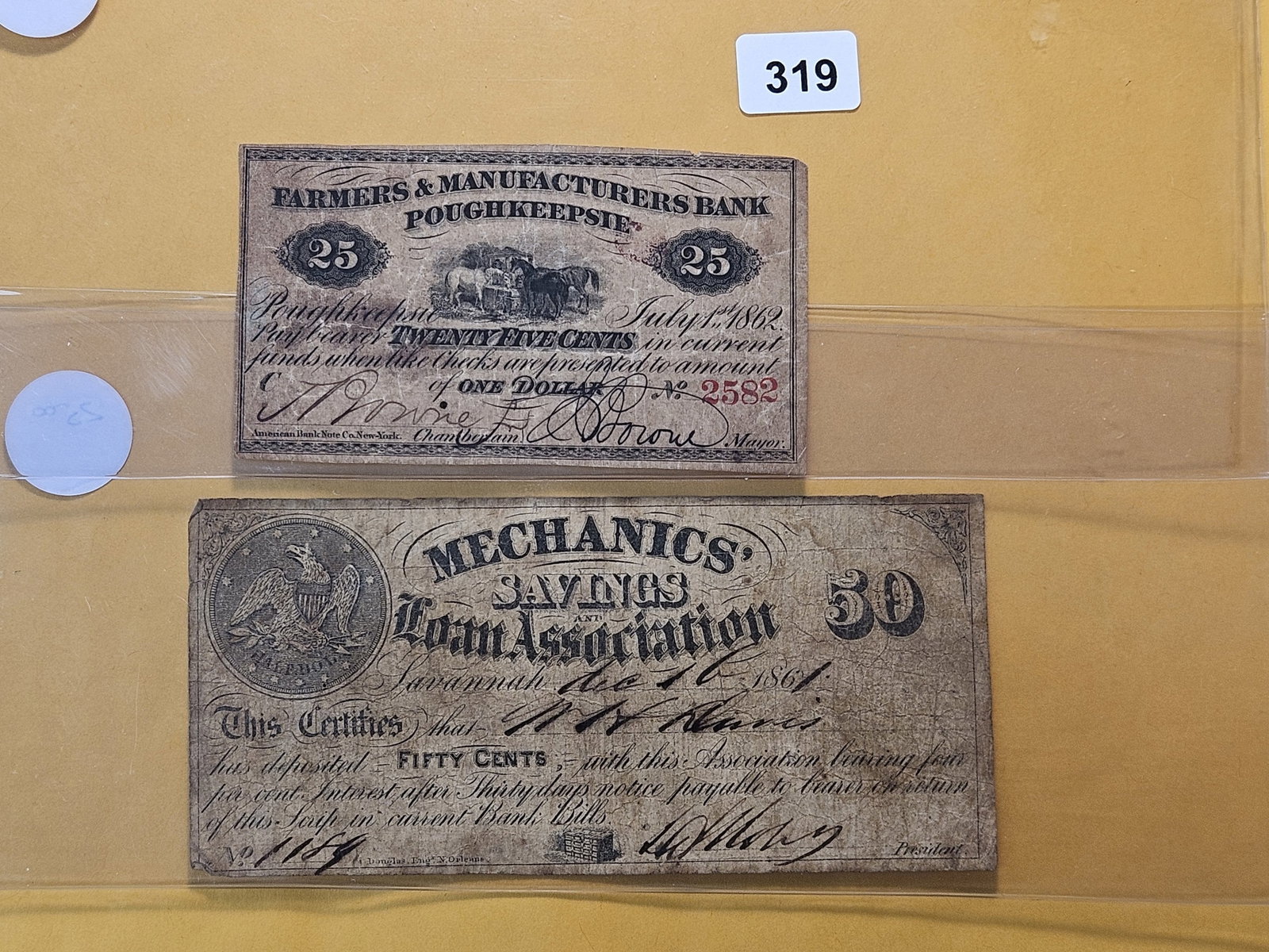 Two United States Obsolete Fractional Notes: 1861 Mechanics Savings and Loan Fifty Cents and 1862 Farmers and Manufacturers Bank Twenty-five Cents