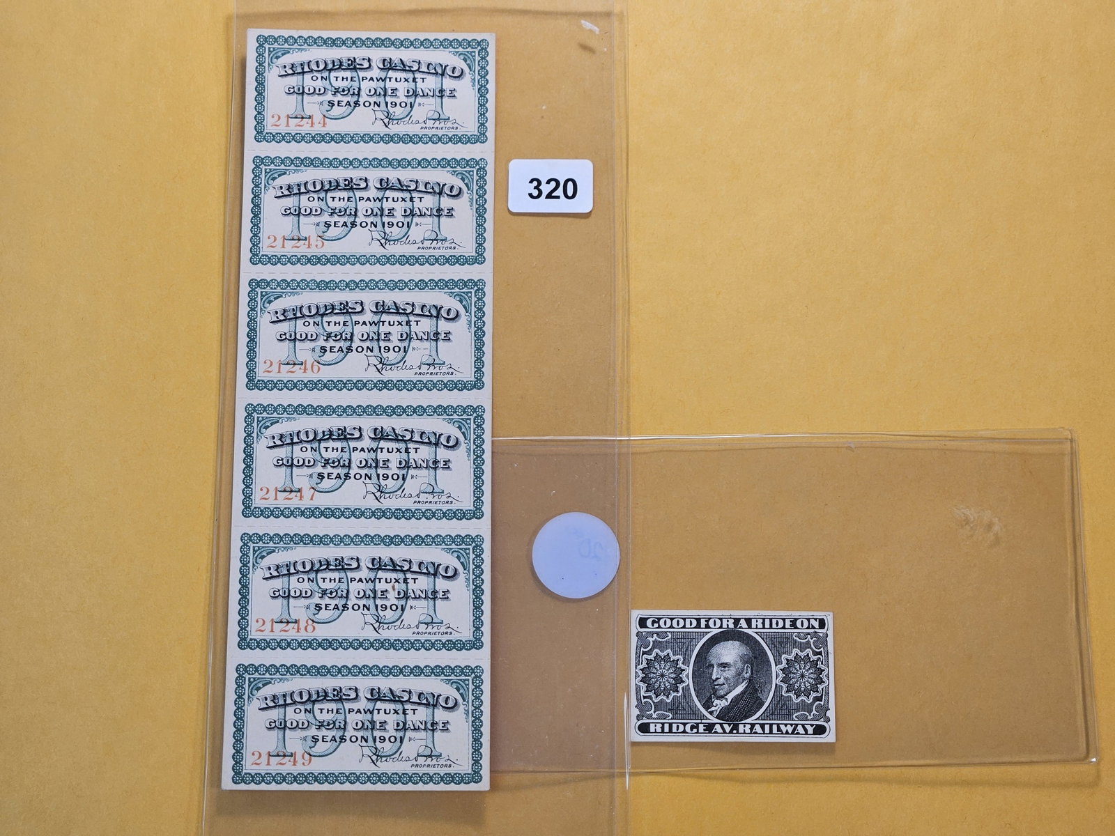 Seven Older Paper "Good For" Tokens: Unhinged Sheet of six 1901 Rhodes Casino Good for one Dance tokens and am undated Good for one Ride on the Ridge Avenue Railway